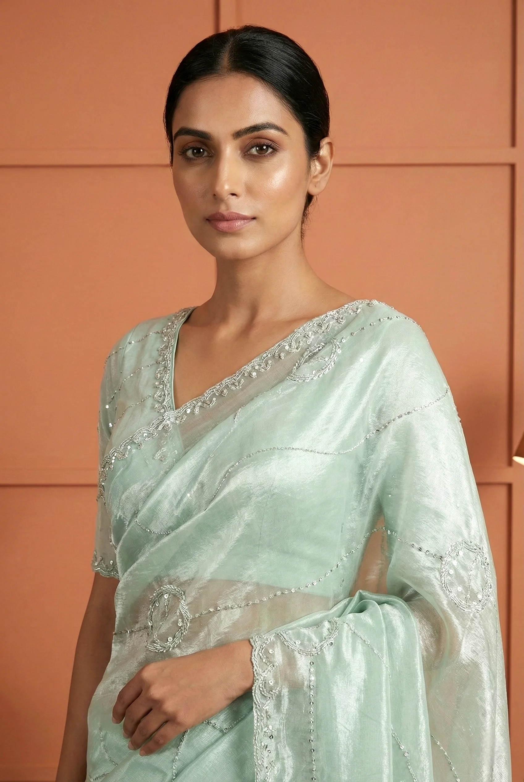Pista Green Jimmy Choo Sequins And Beads Embroidery Saree - Image 3
