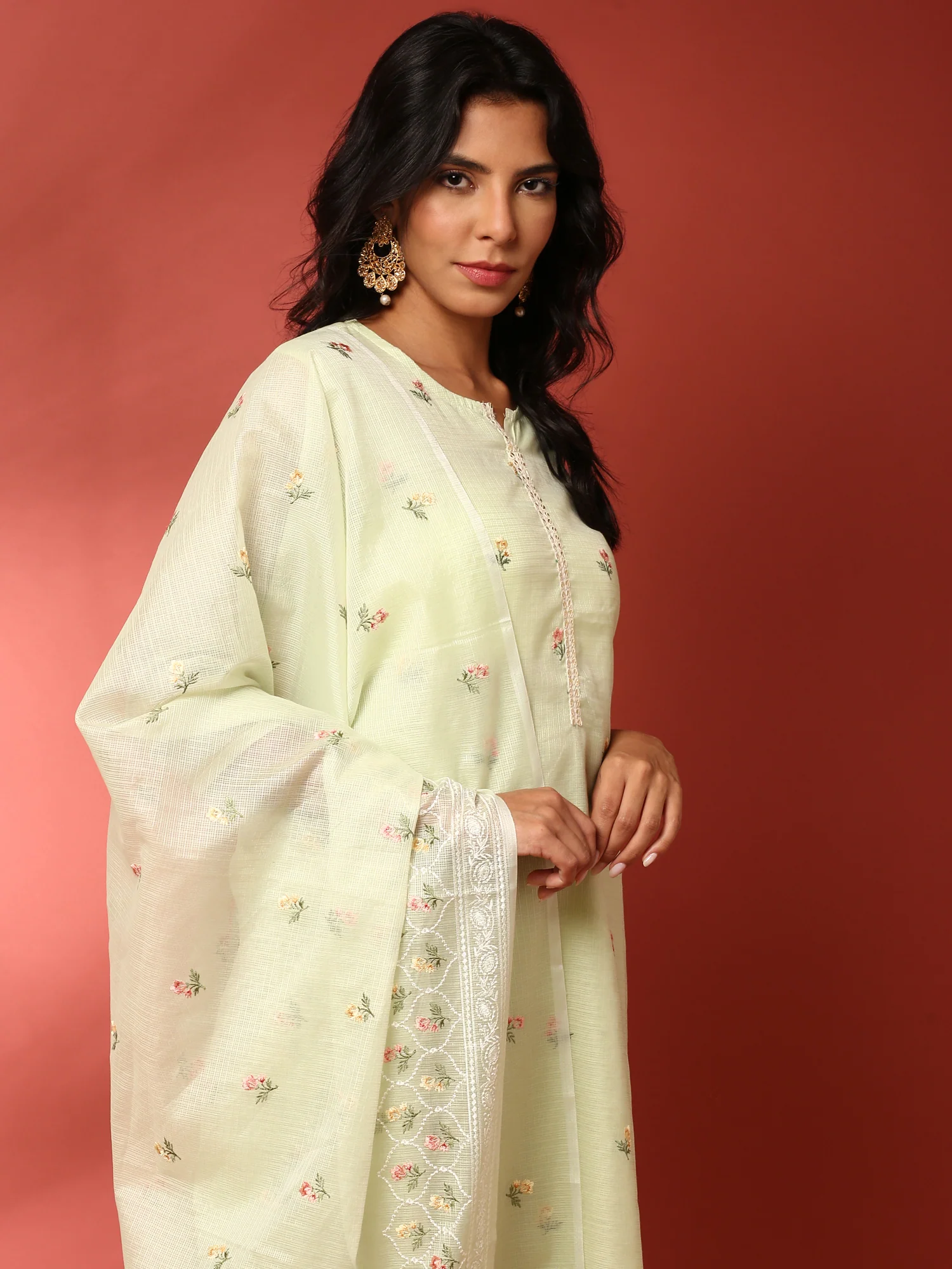Pista Green Kota doriya Resham thread work three piece suit set - Image 2