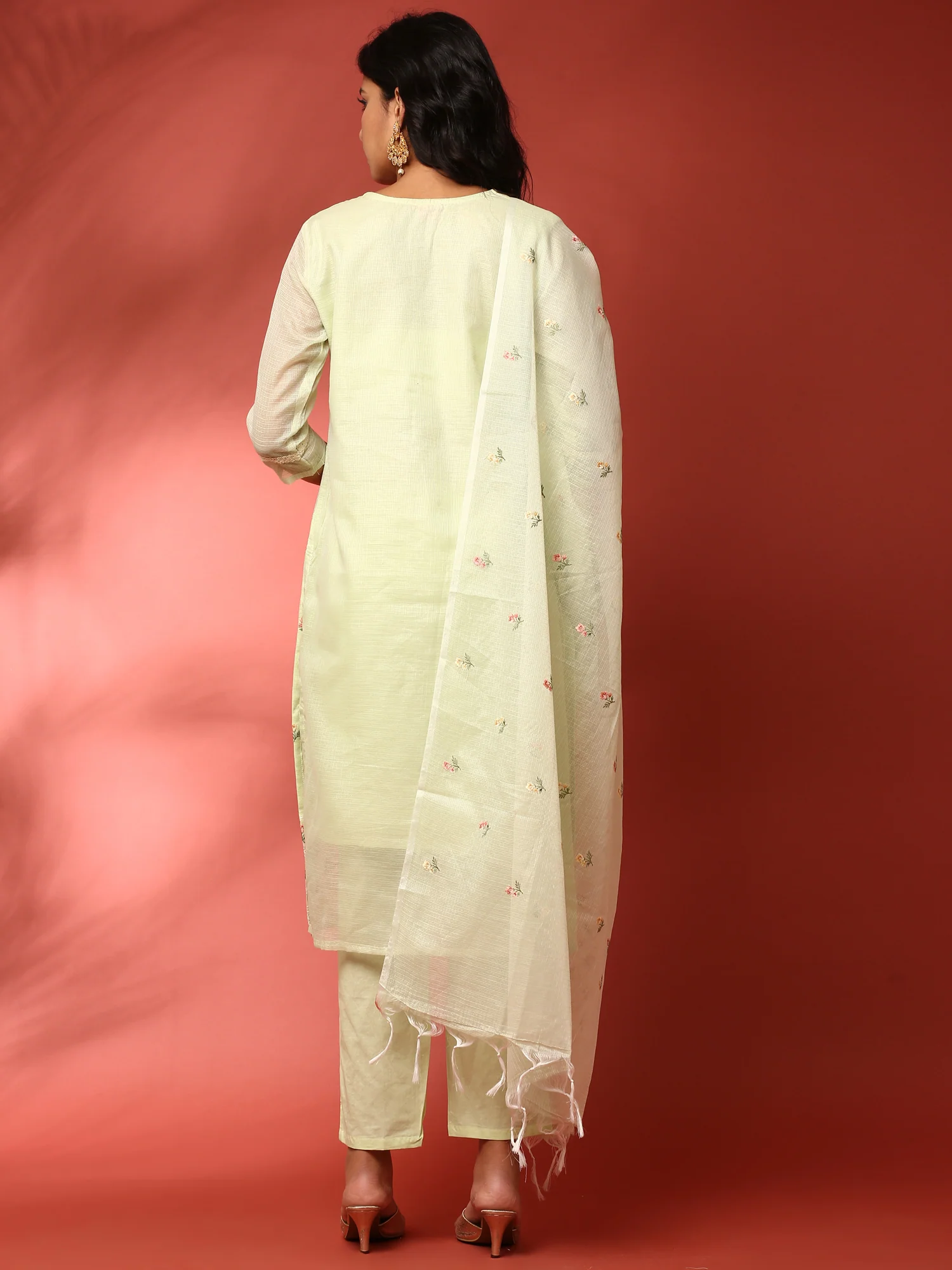 Pista Green Kota doriya Resham thread work three piece suit set - Image 6