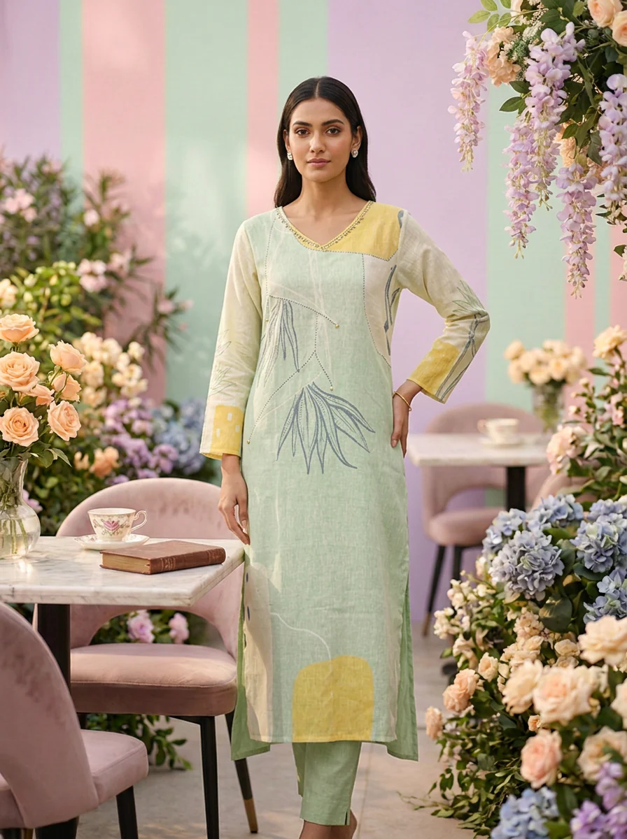 Pista Green Linen Printed Two Piece Set