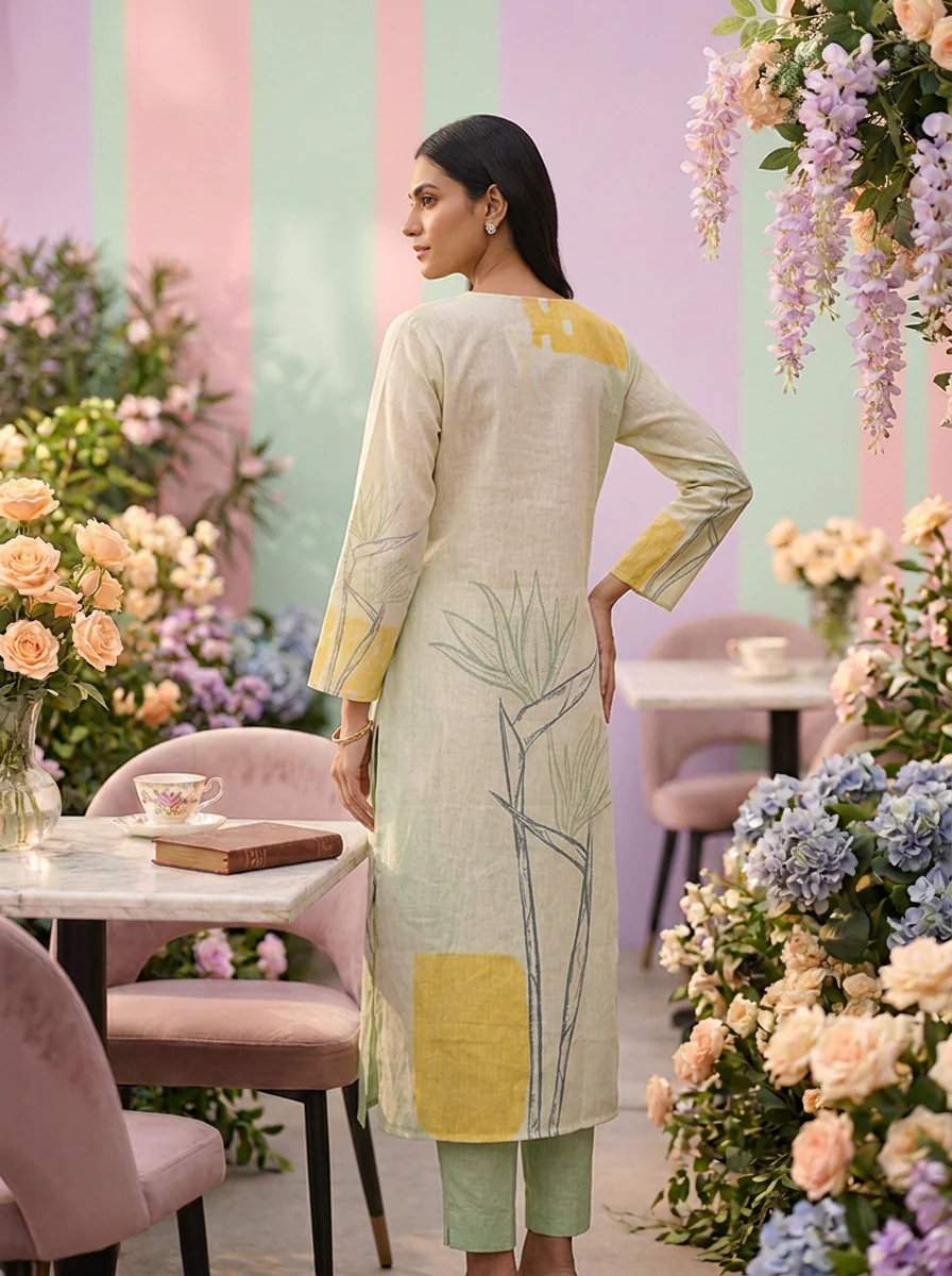 Pista Green Linen Printed Two Piece Set - Image 2