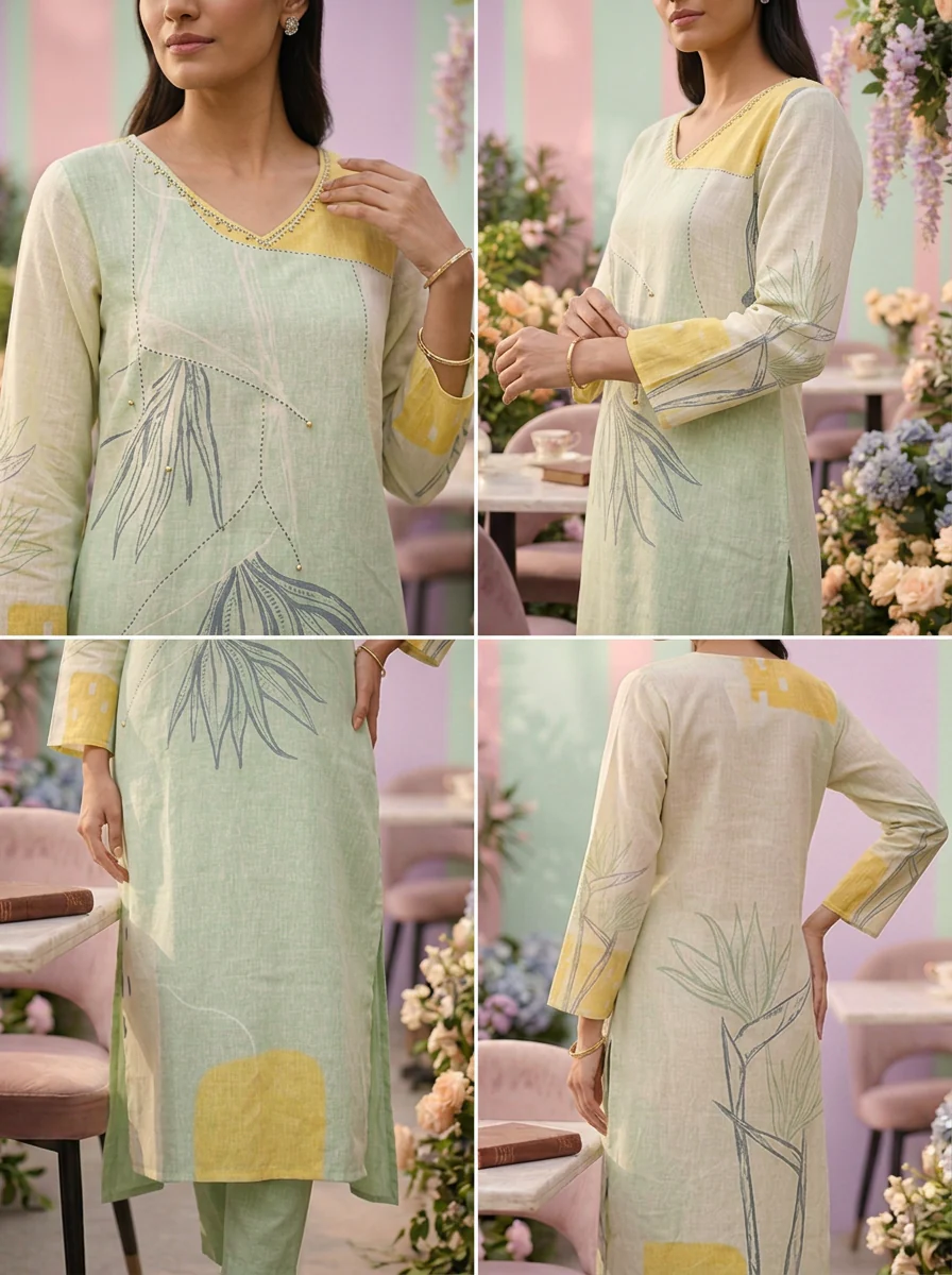 Pista Green Linen Printed Two Piece Set - Image 3