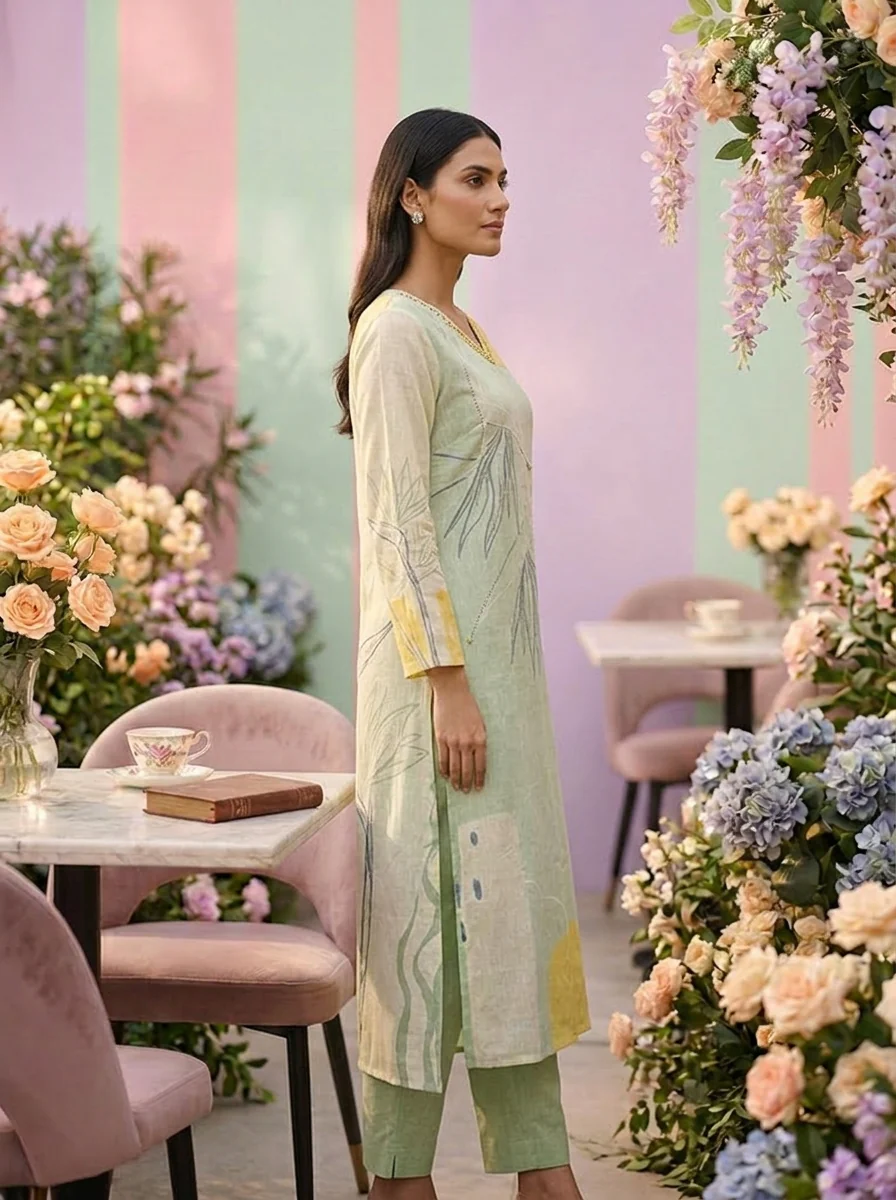 Pista Green Linen Printed Two Piece Set - Image 4