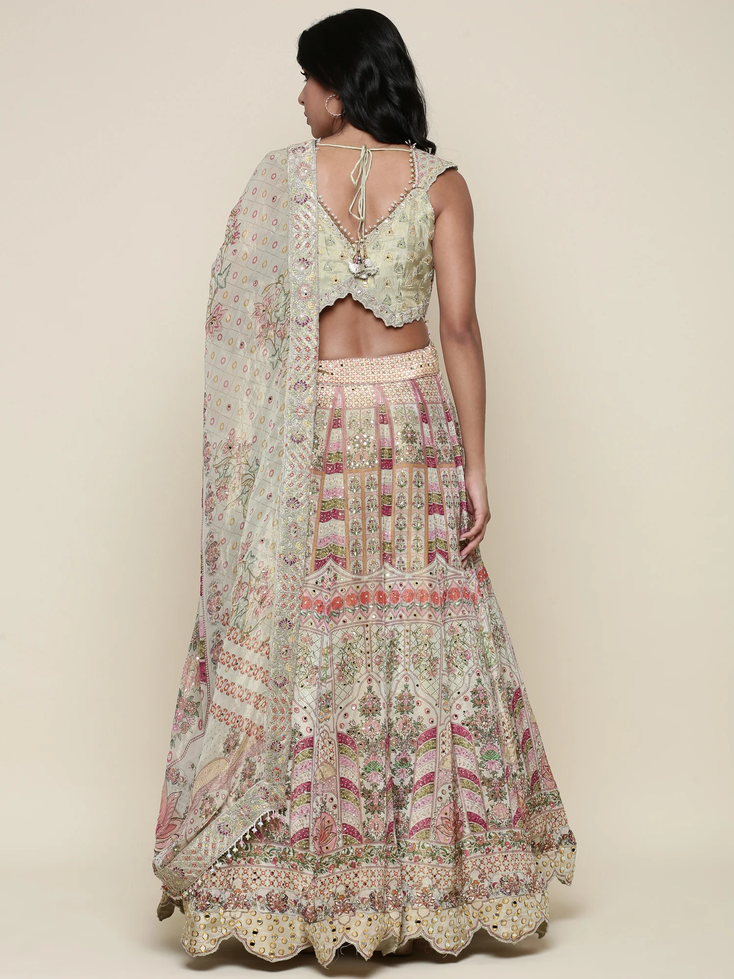 Pista Green Tissue digital printed embroidered ghagra set - Image 3