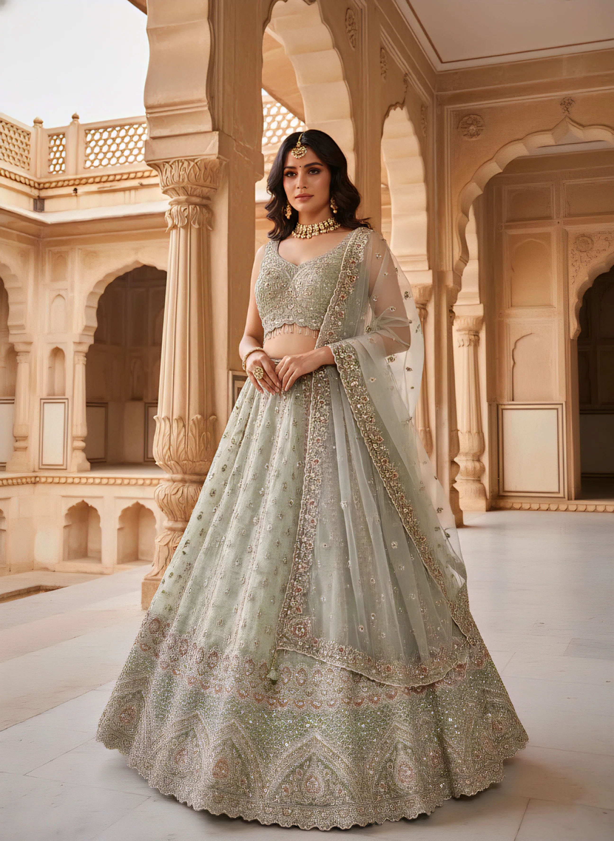 Pista Green Tissue Heavy Hand Embroidered Ghagra Set - Image 3