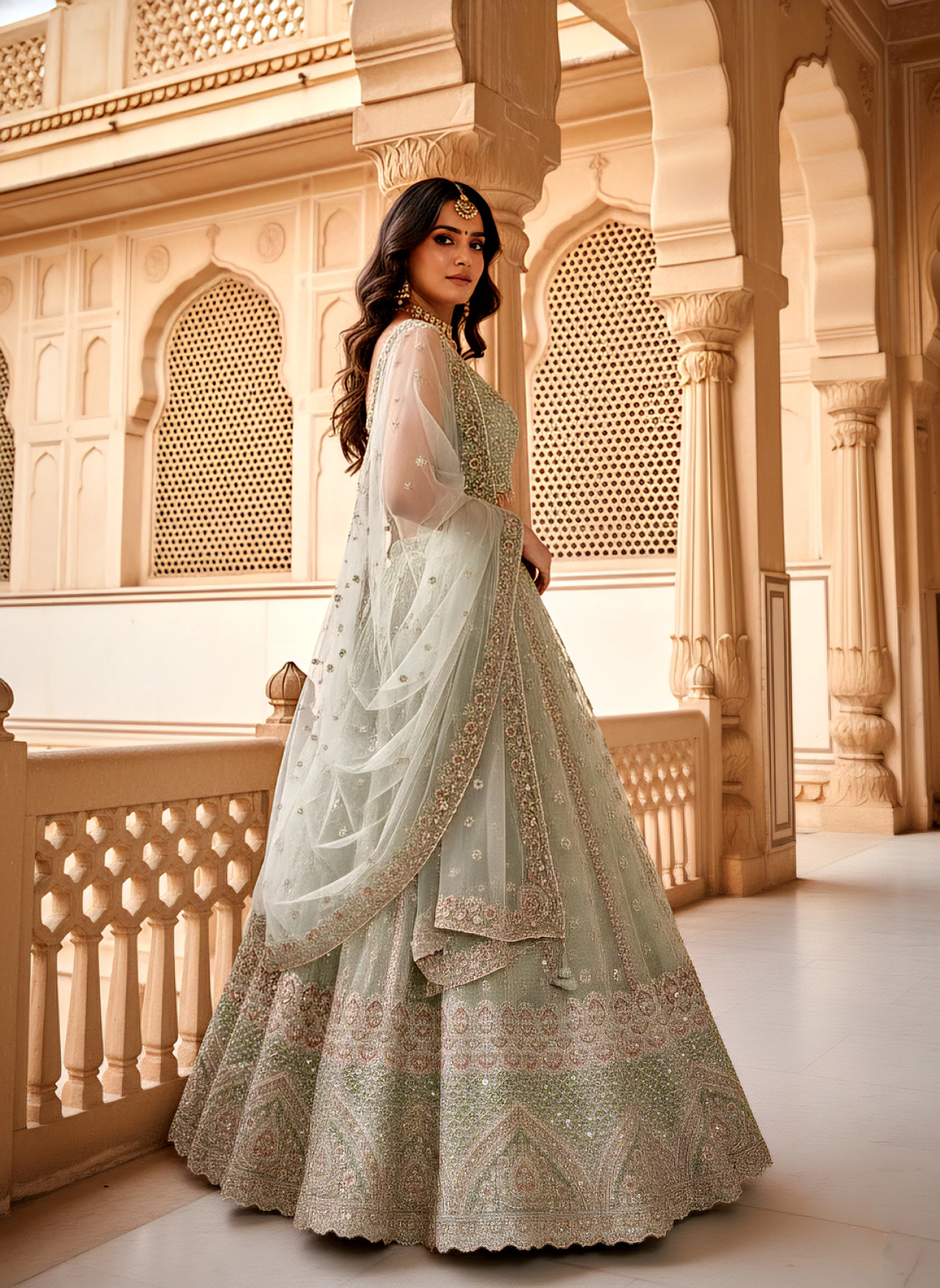 Pista Green Tissue Heavy Hand Embroidered Ghagra Set - Image 4