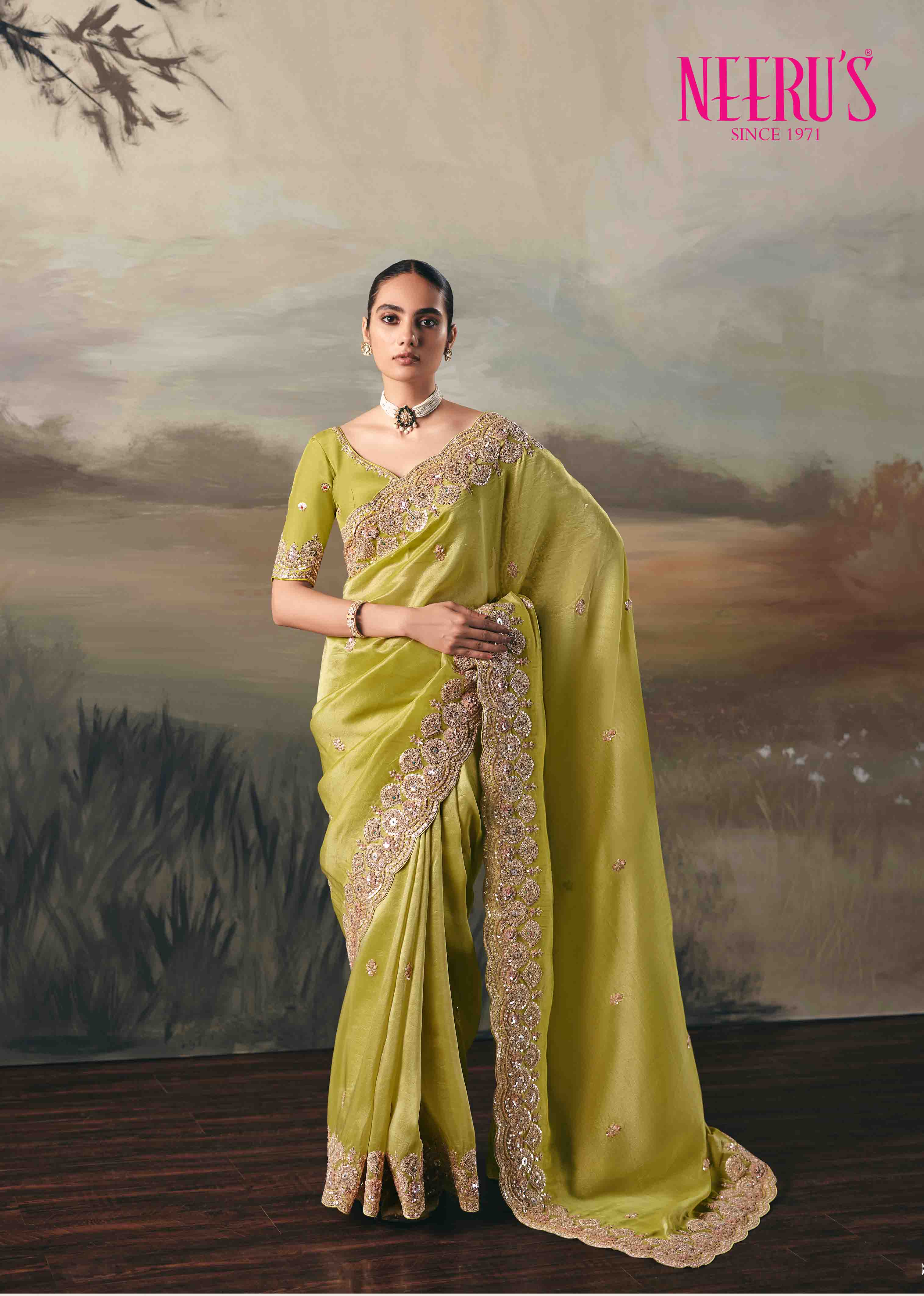 Pista Green Tissue Saree With Heavy Sequins Work - Image 2