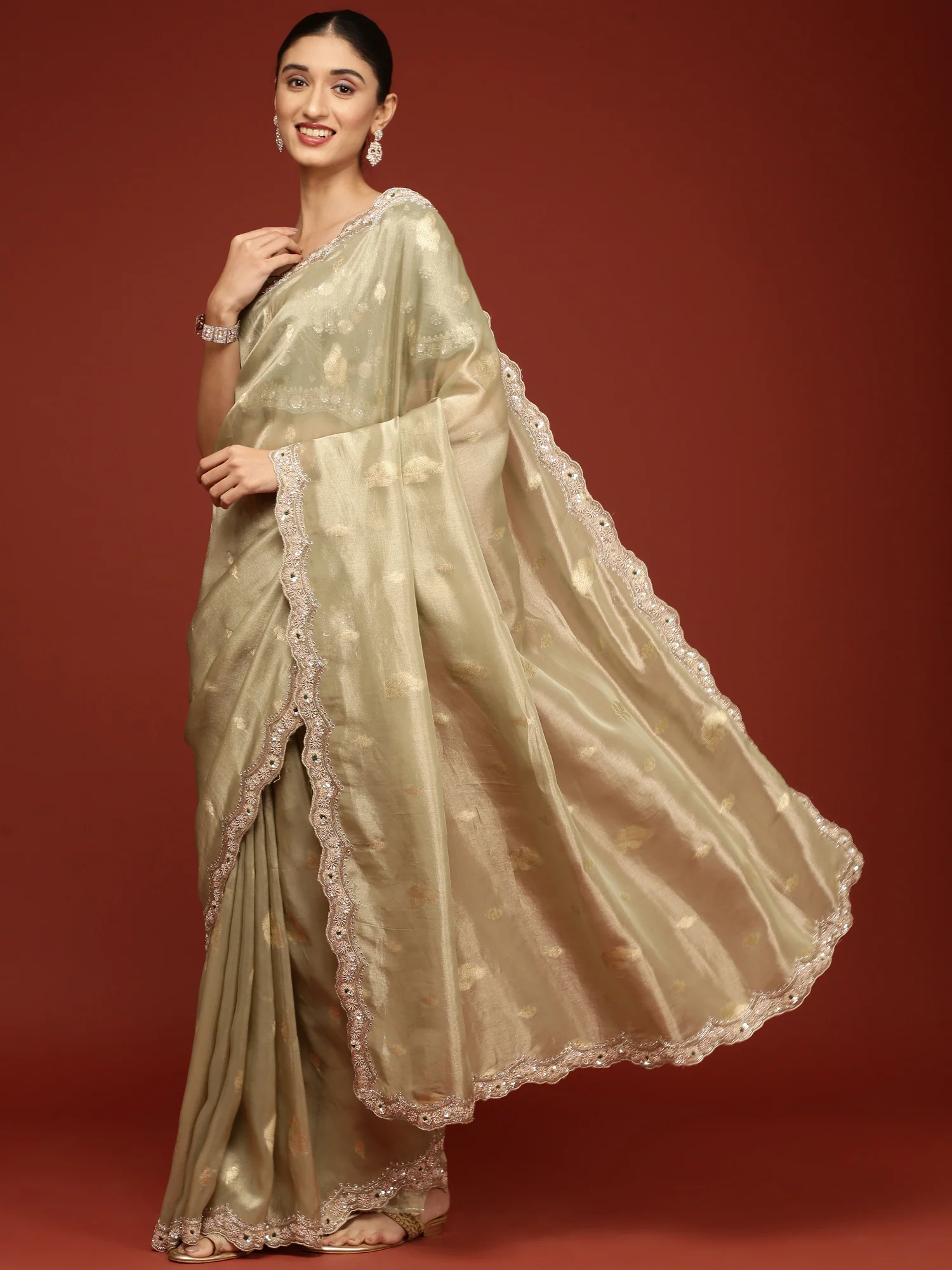 Pista Green Tissue Weaved Saree With Stone Work Readymade Blouse