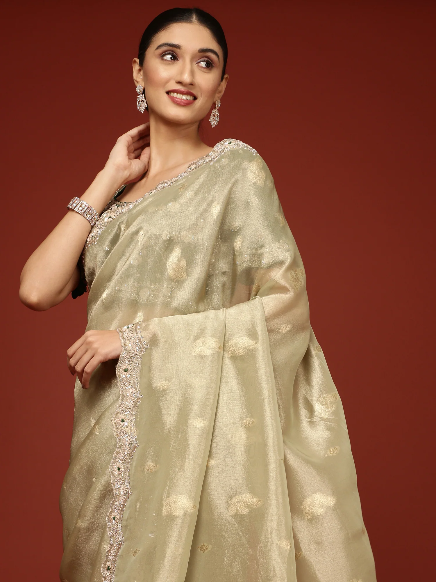 Pista Green Tissue Weaved Saree With Stone Work Readymade Blouse - Image 3