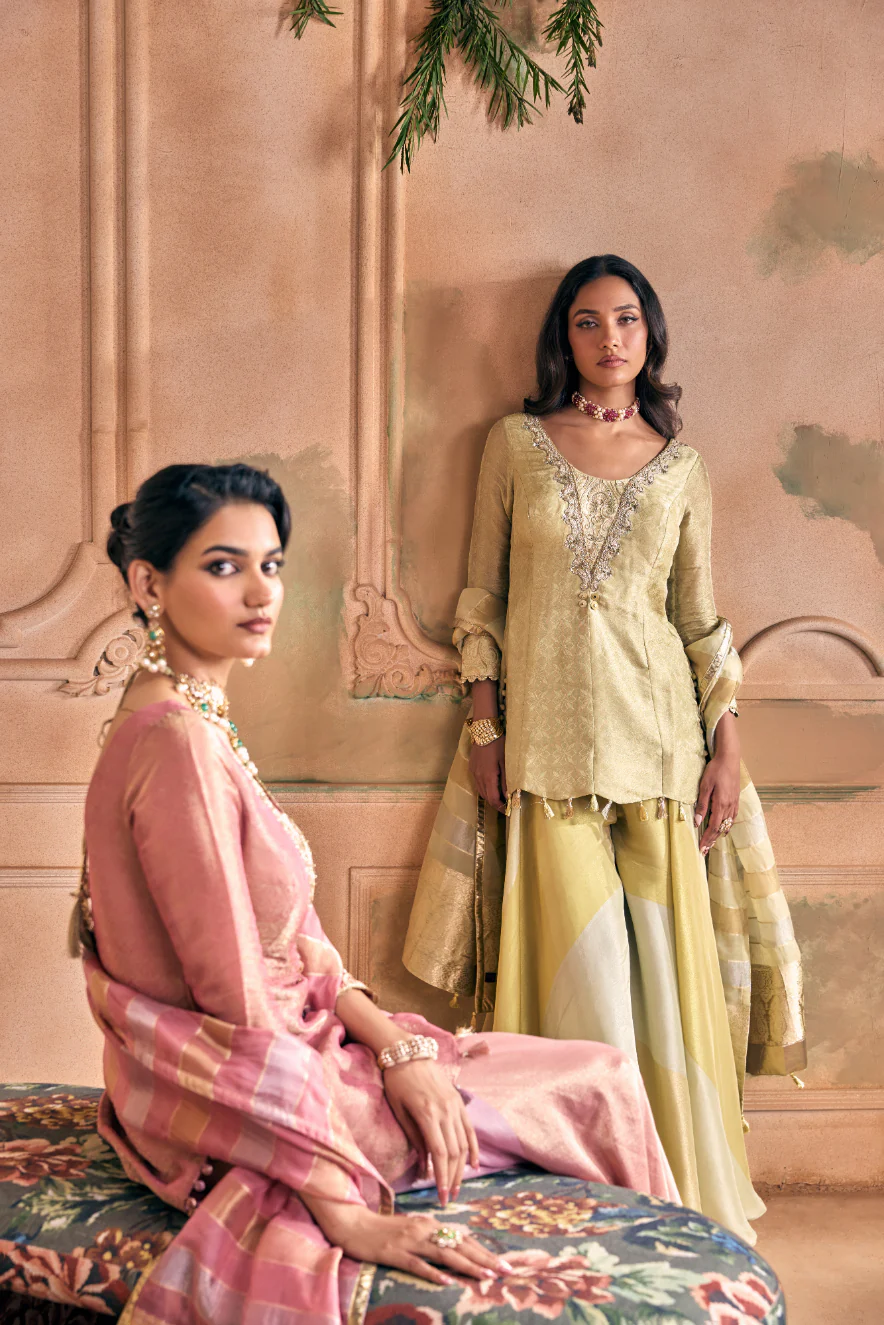 Pista Green Tissue Zari Embroidered Palazzo Set With Dupatta - Image 5