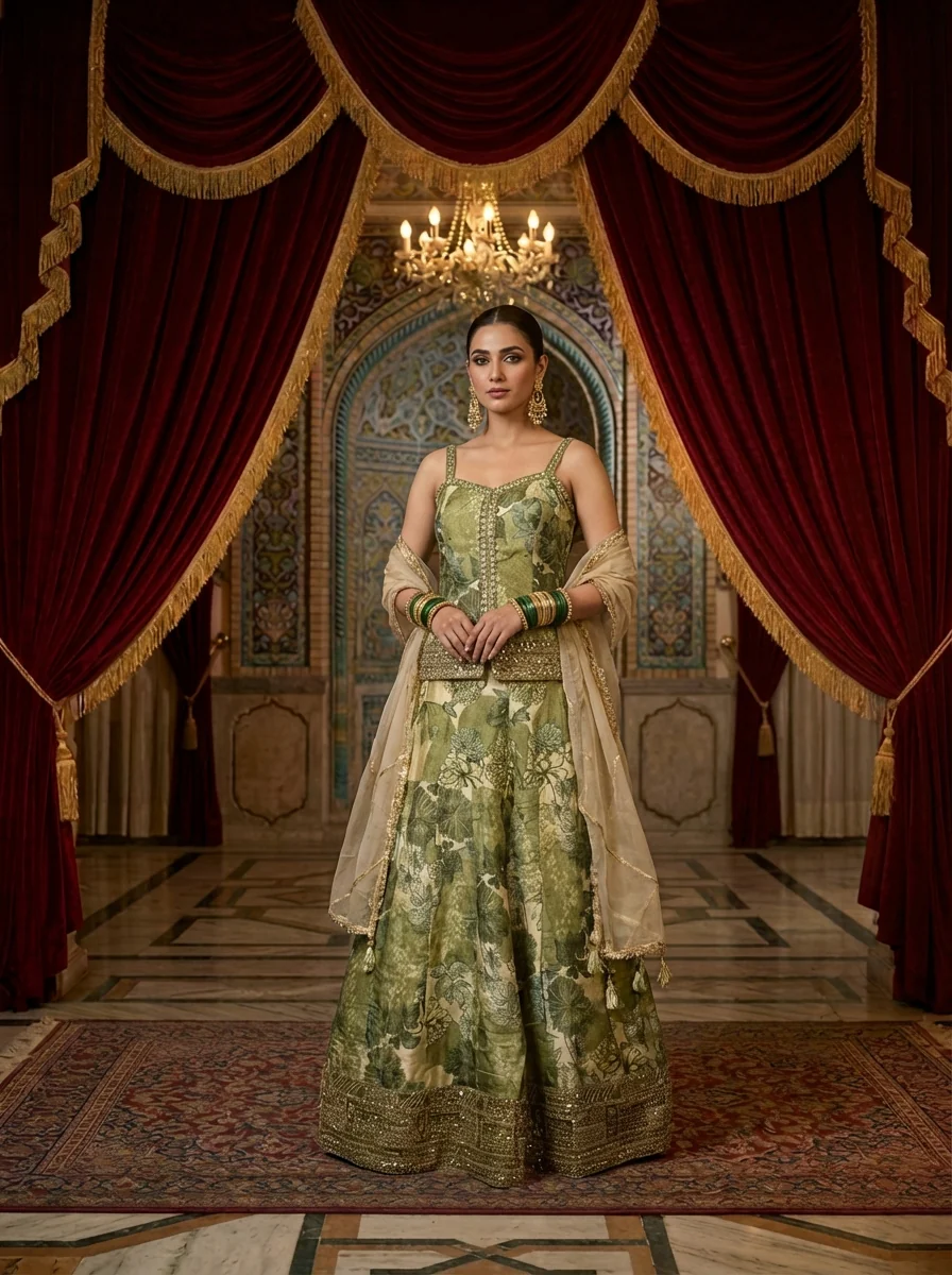 Pista Green Tissue Zari Embroidery And Floral Digital Printed Ghagra Set