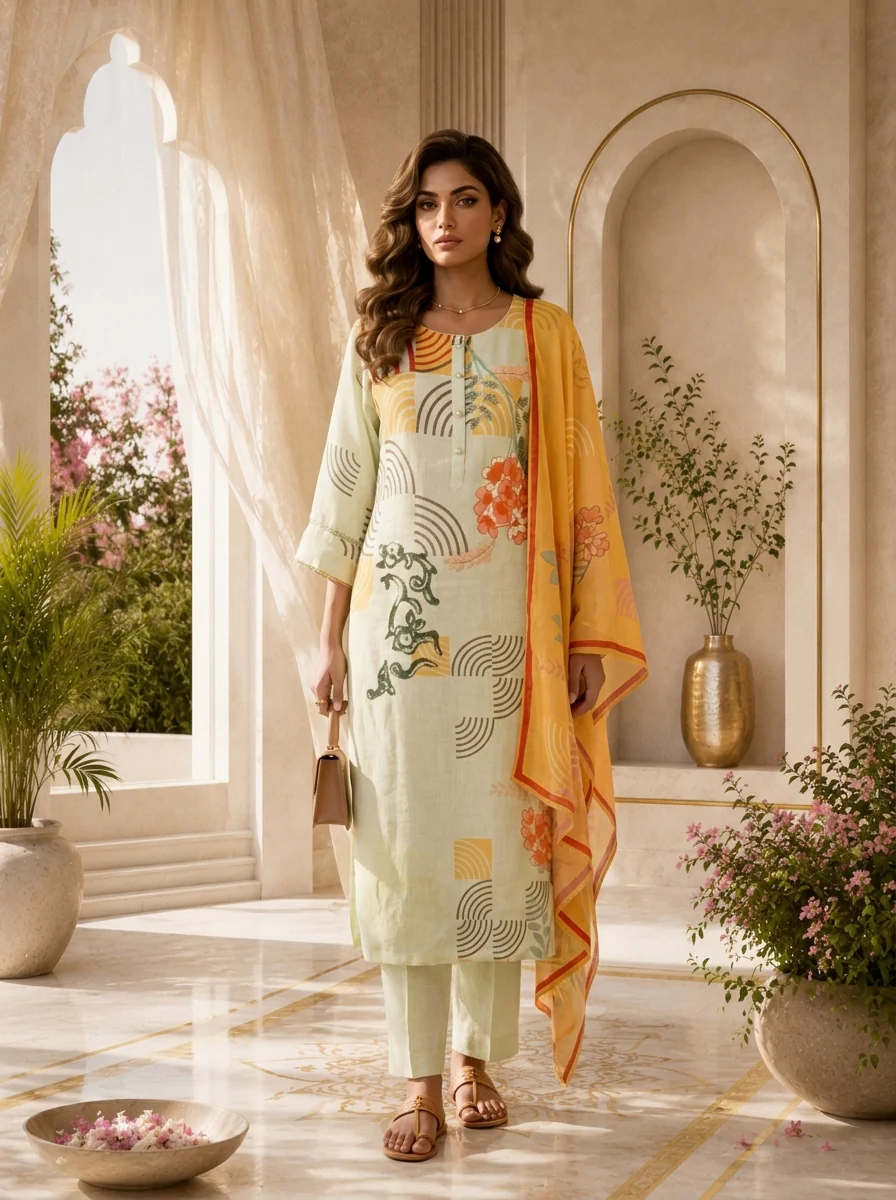 Pista Linen Floral Printed Three Piece Set - Image 2