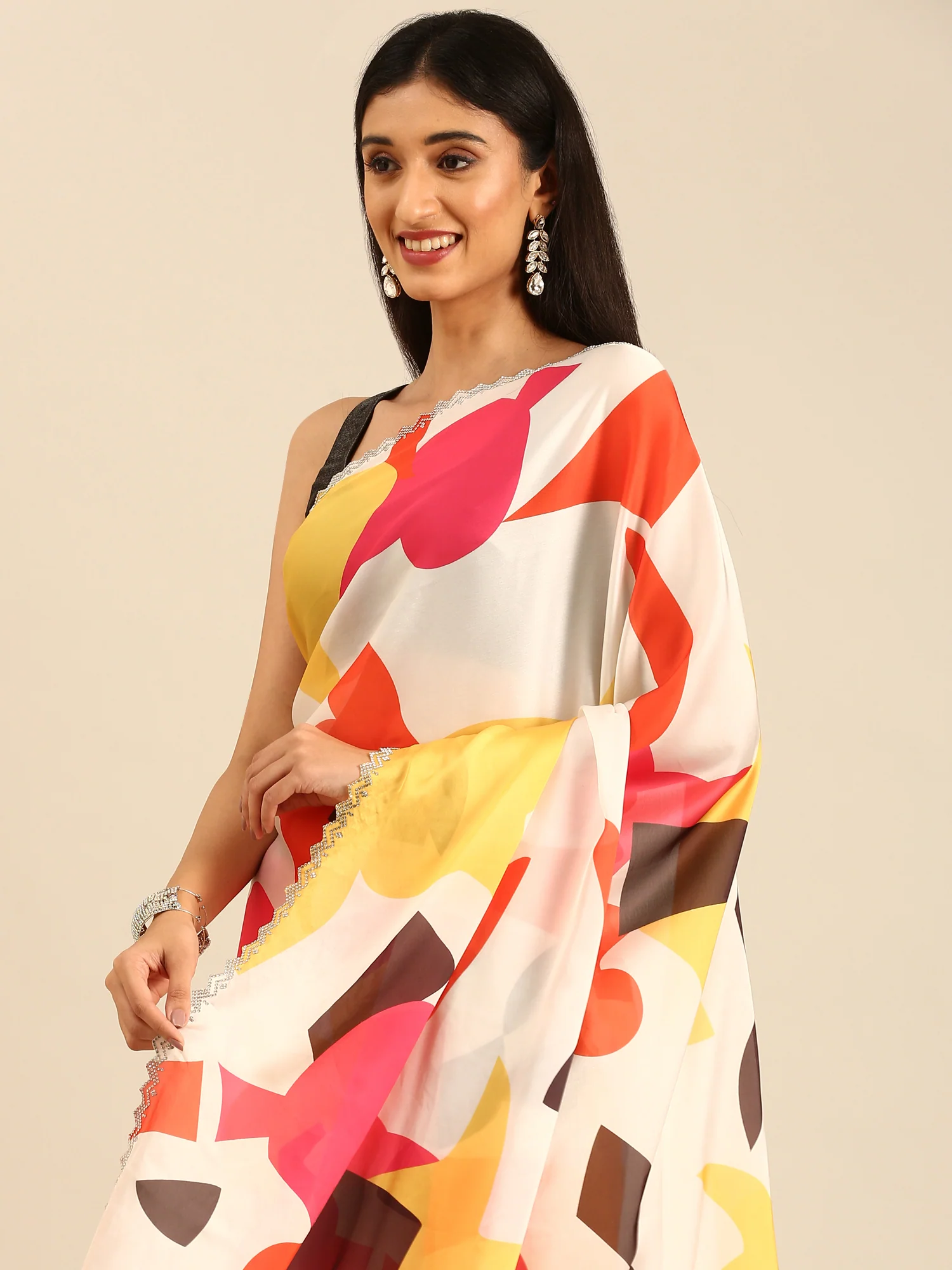 Printed satin saree with Swarovski border - Image 3