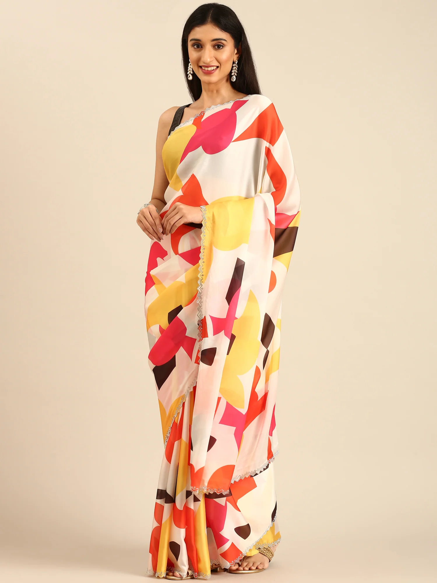 Printed satin saree with Swarovski border - Image 4