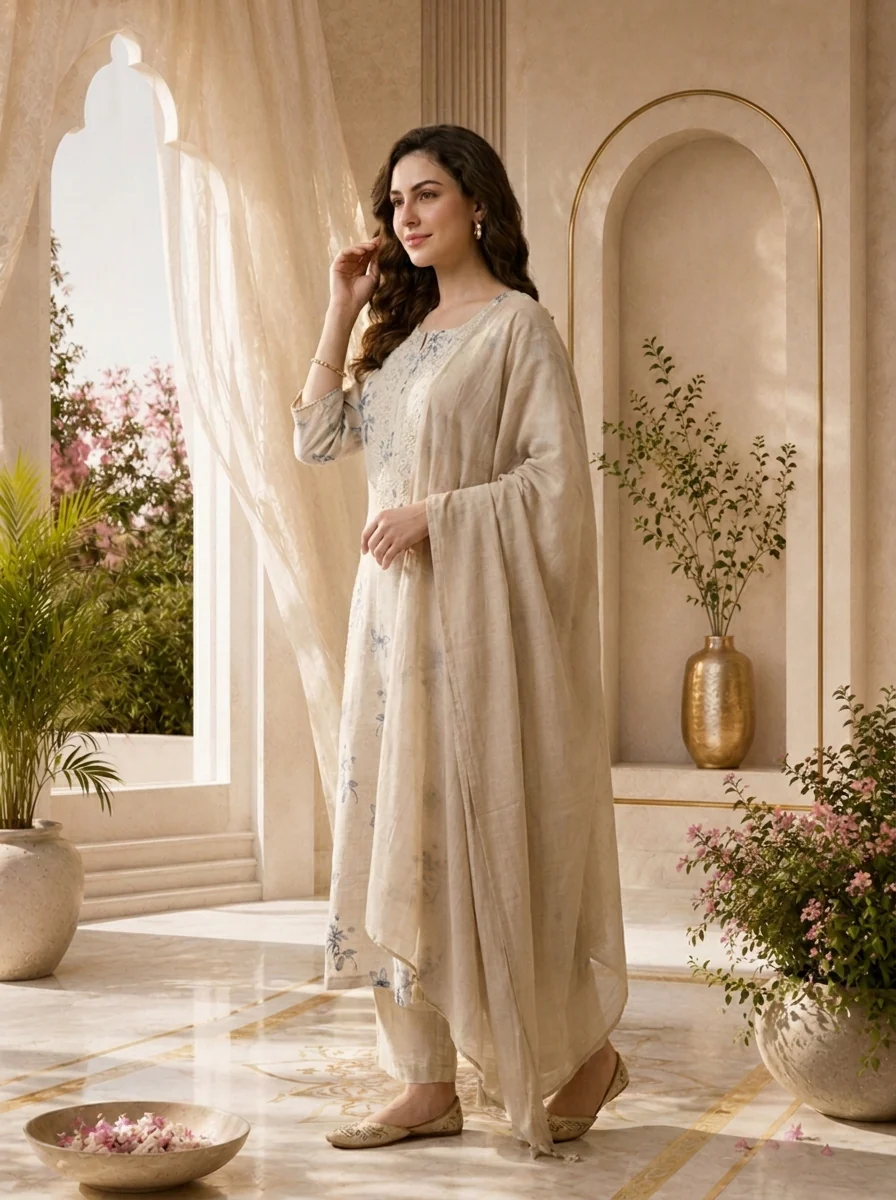Purple And Beige Thread Embroidery And Printed Linen Two Piece Set - Image 2
