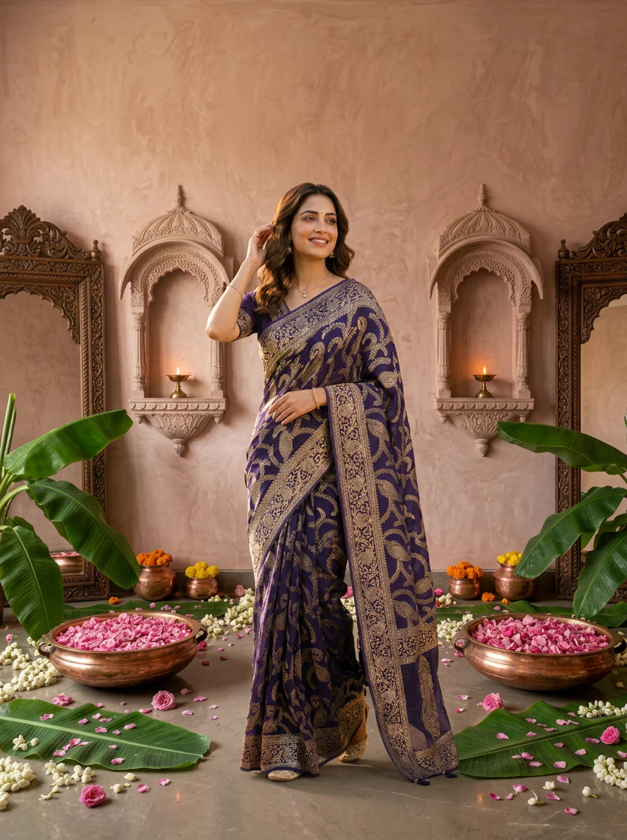 Purple Banaras Floral Design Weaved Saree