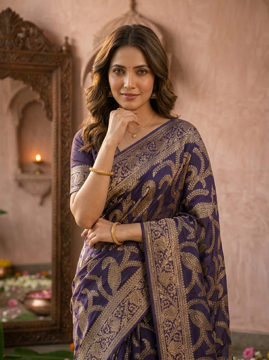 Purple Banaras Floral Design Weaved Saree - Image 3
