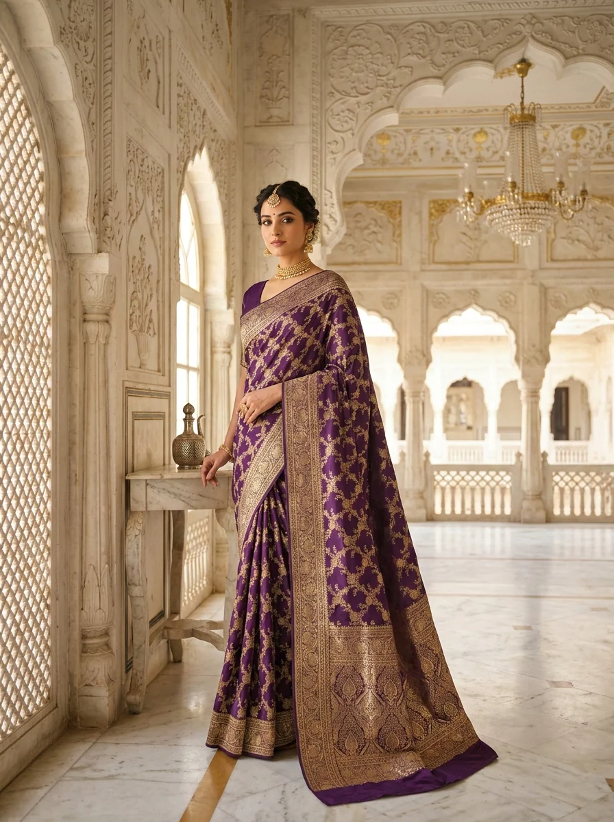 Purple Banaras Floral Pattu Saree