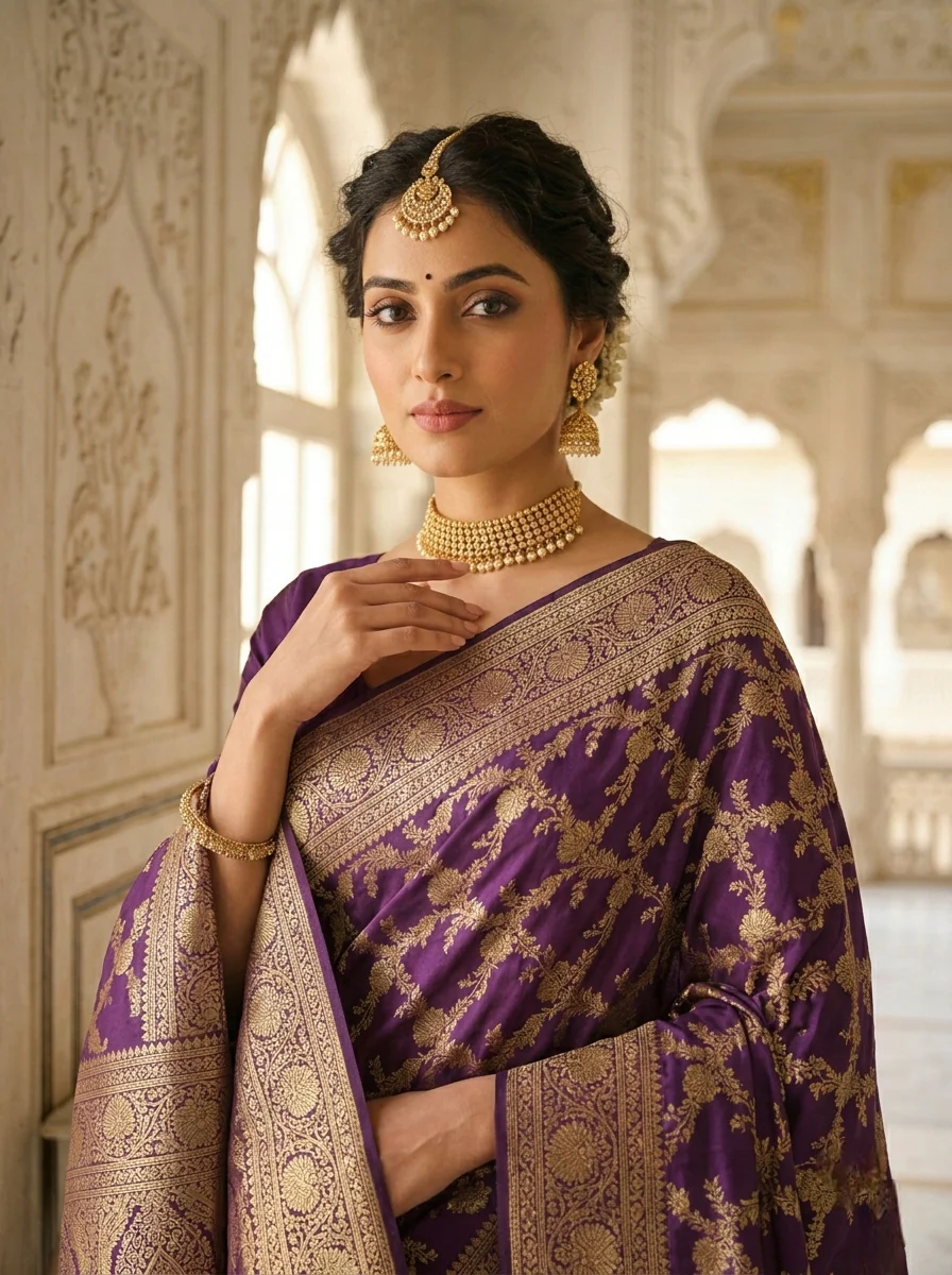 Purple Banaras Floral Pattu Saree - Image 2