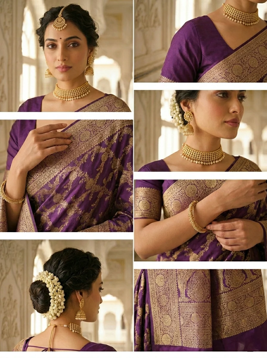 Purple Banaras Floral Pattu Saree - Image 4