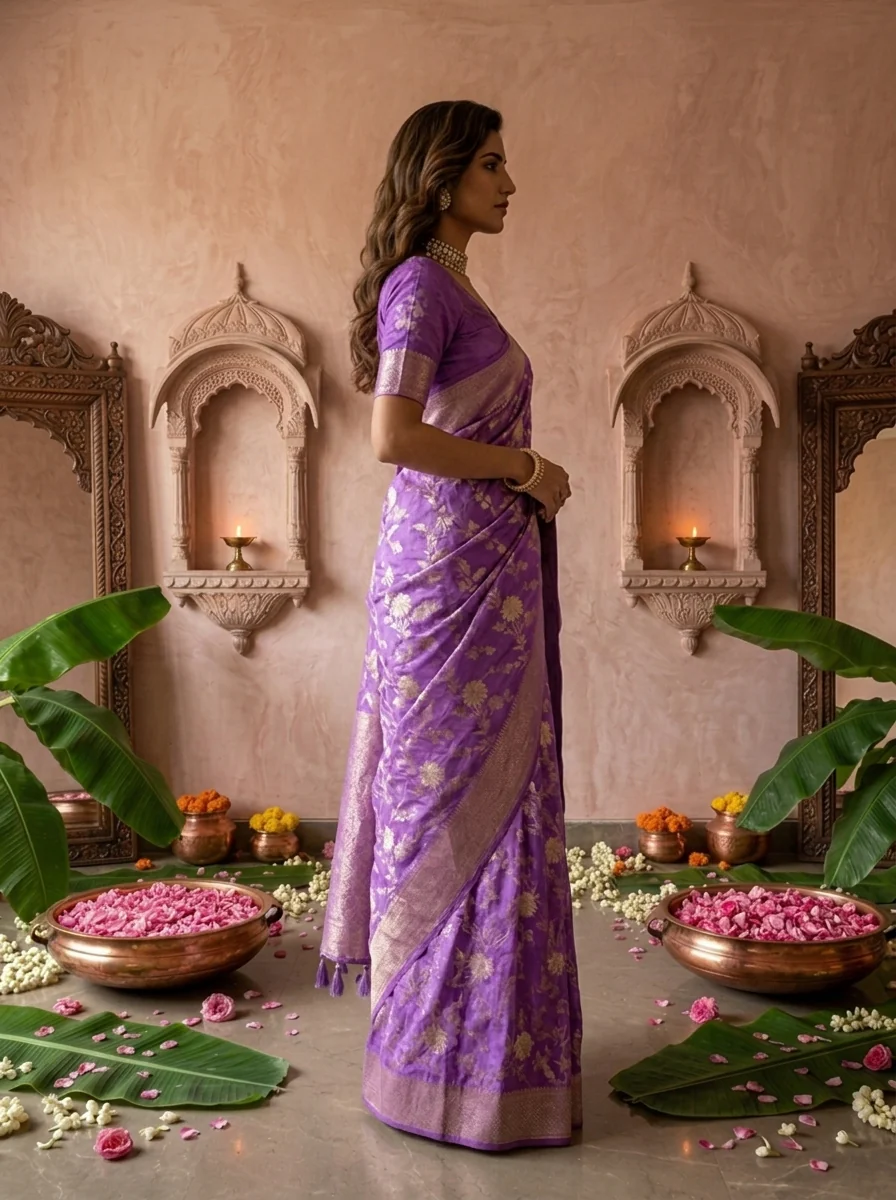 Purple Banaras Floral Weaved Saree - Image 2