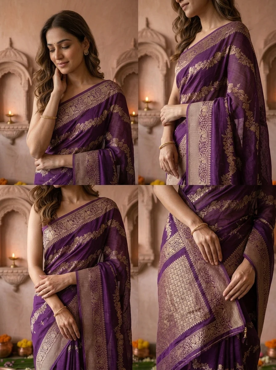 Purple Banaras Weaved Saree - Image 4