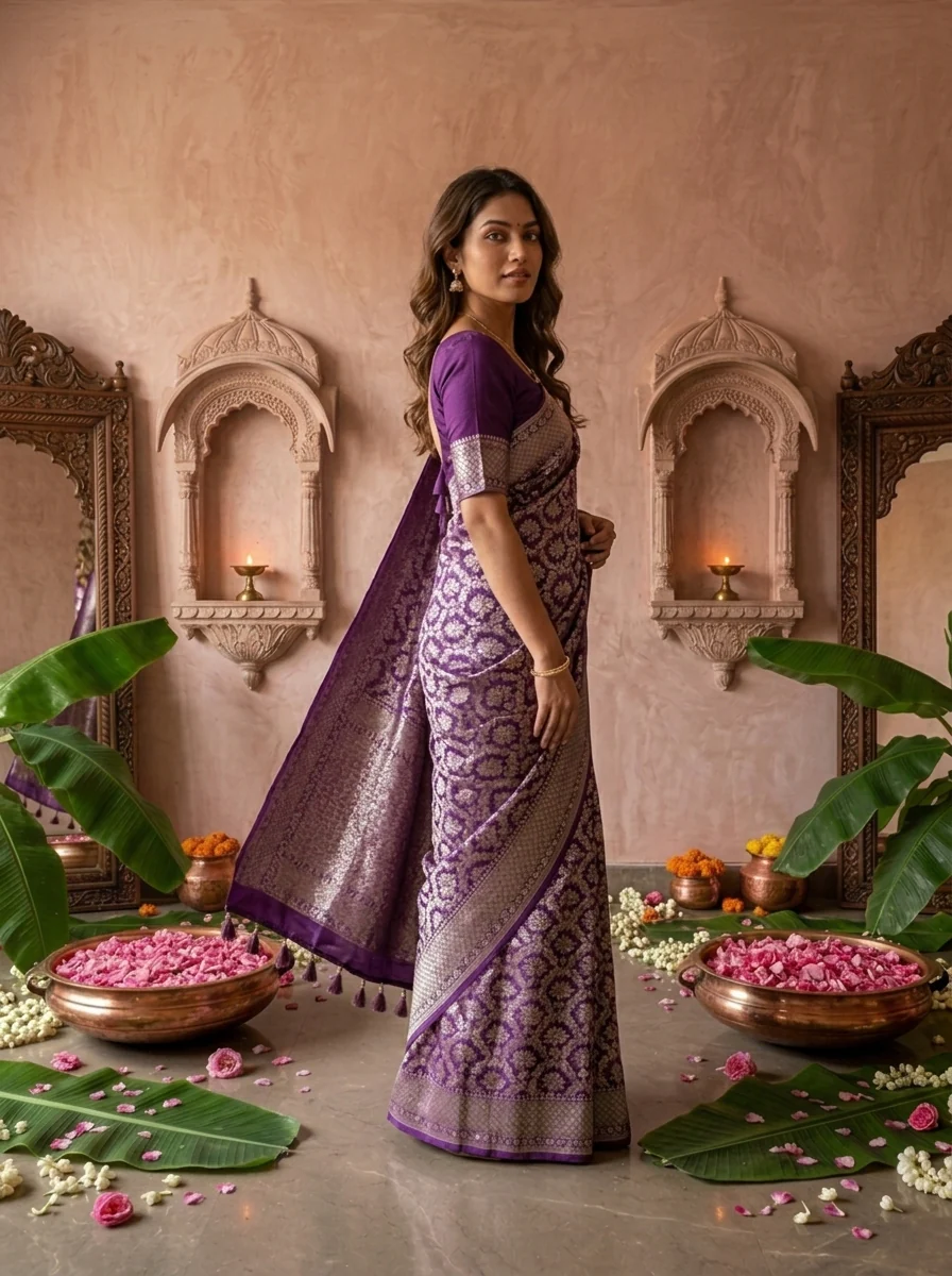 Purple Banaras Weaved Saree With Heavy Floral Design - Image 2