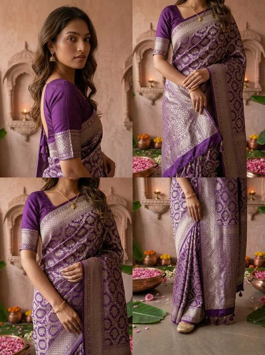 Purple Banaras Weaved Saree With Heavy Floral Design - Image 4