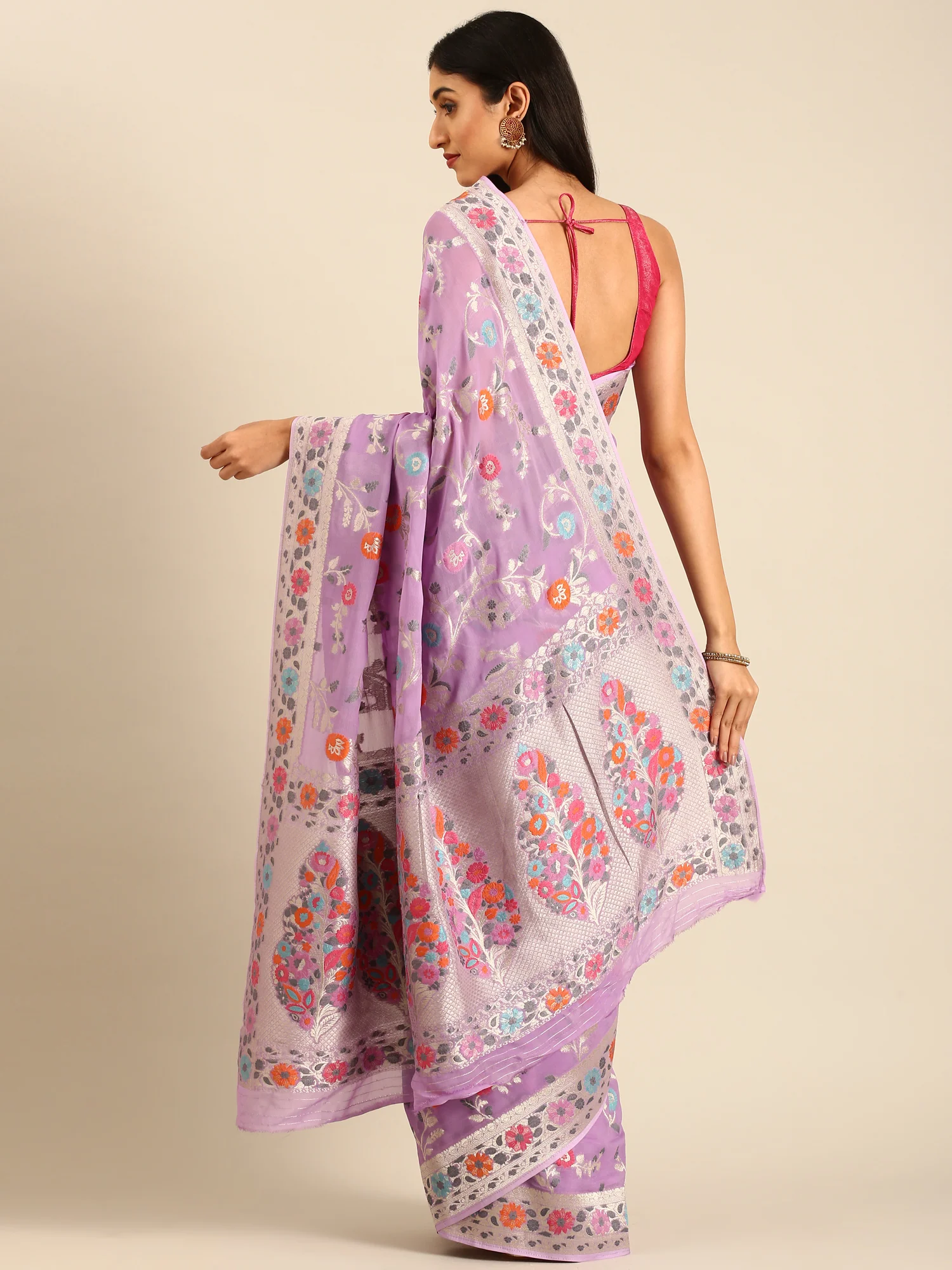 Purple Banarasi Silk Saree With Meenakari Border & Motifs - Image 2