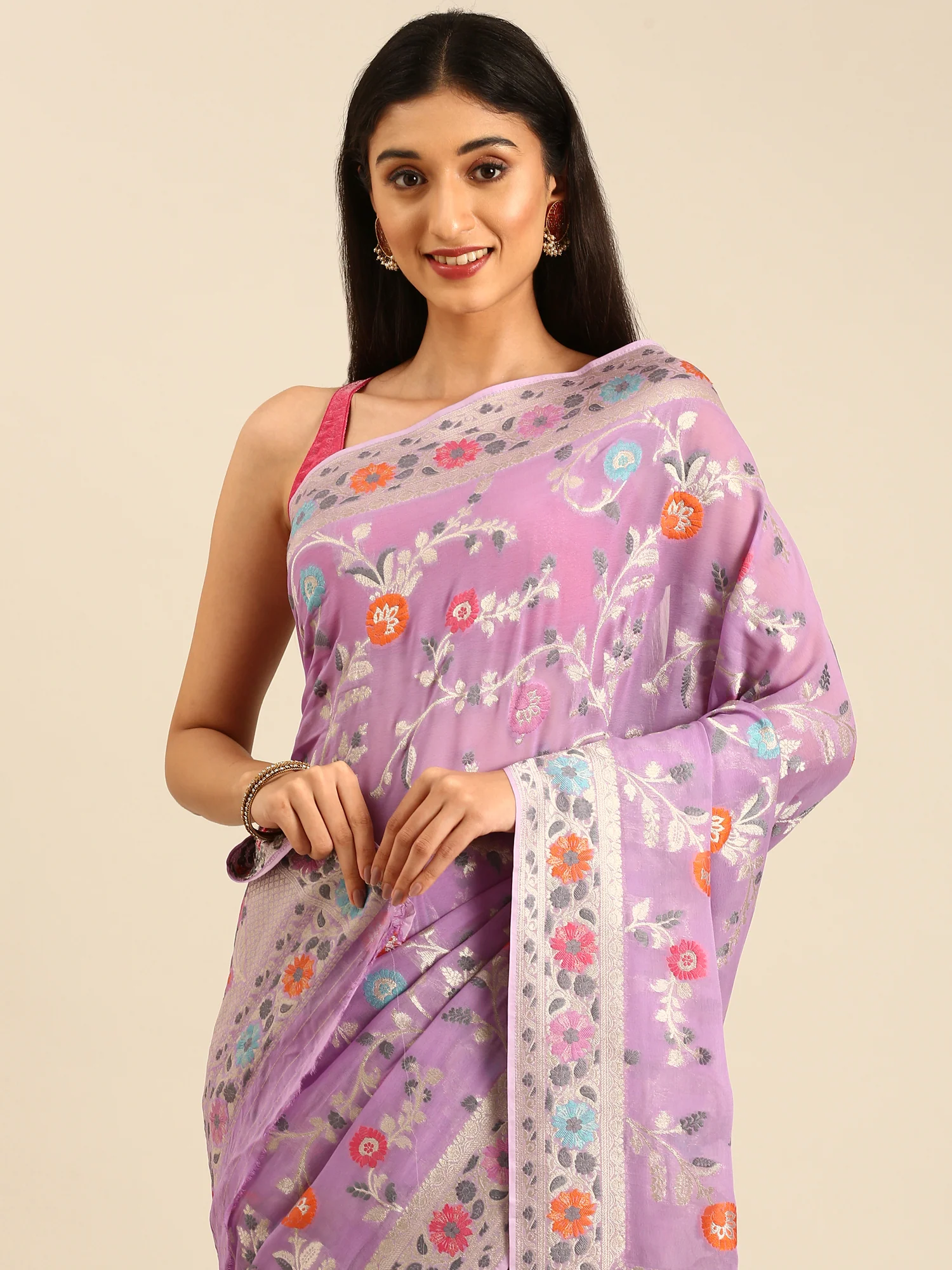 Purple Banarasi Silk Saree With Meenakari Border & Motifs - Image 3