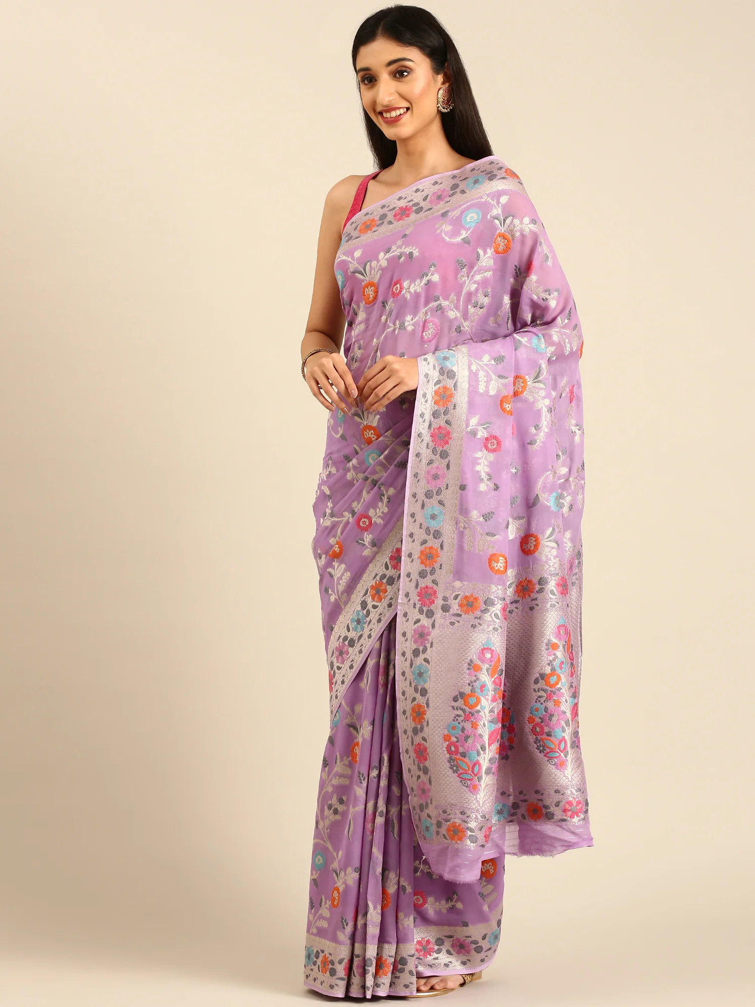 Purple Banarasi Silk Saree With Meenakari Border & Motifs - Image 4