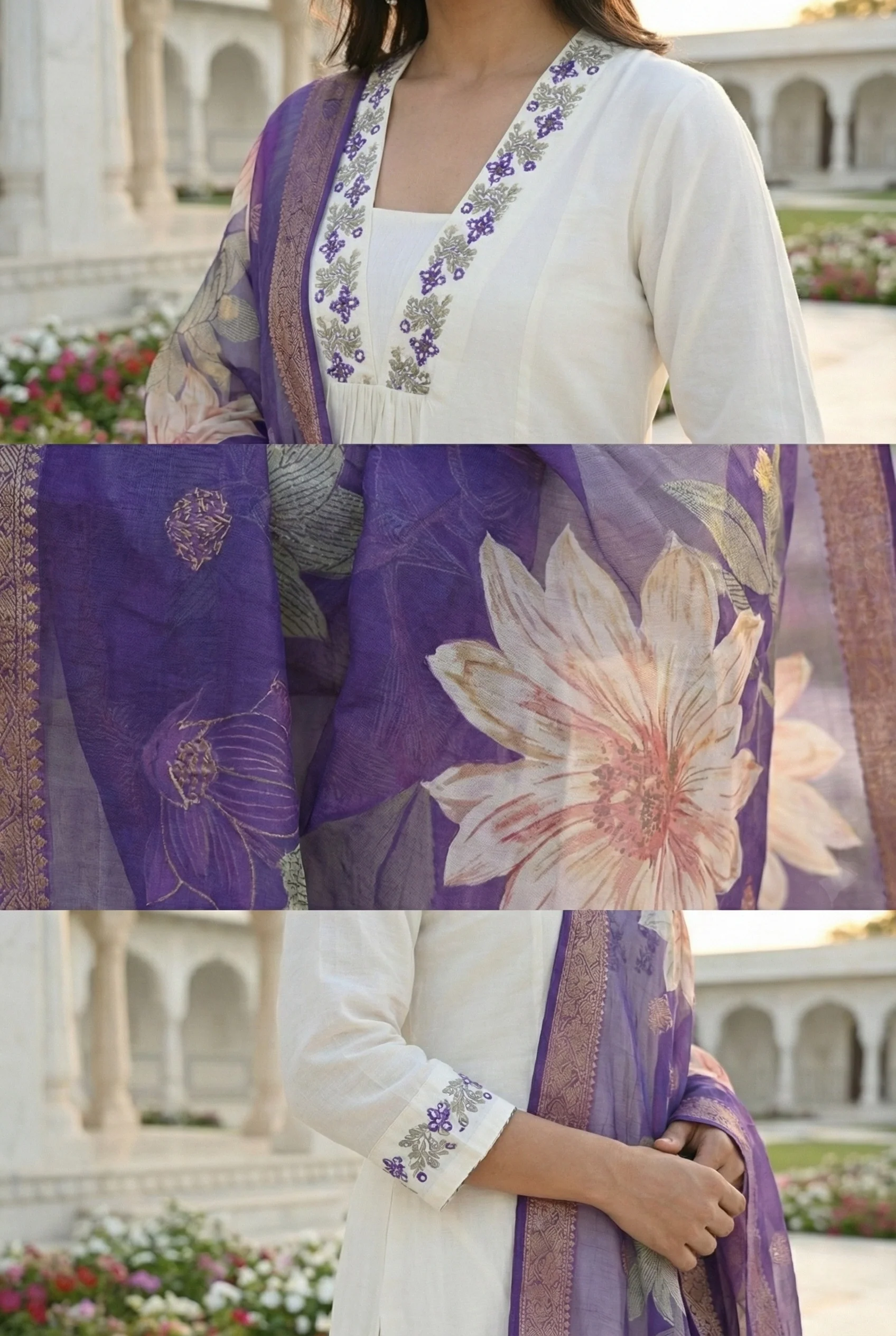 Purple Chanderi Hand Embroidery Three Piece Set - Image 4