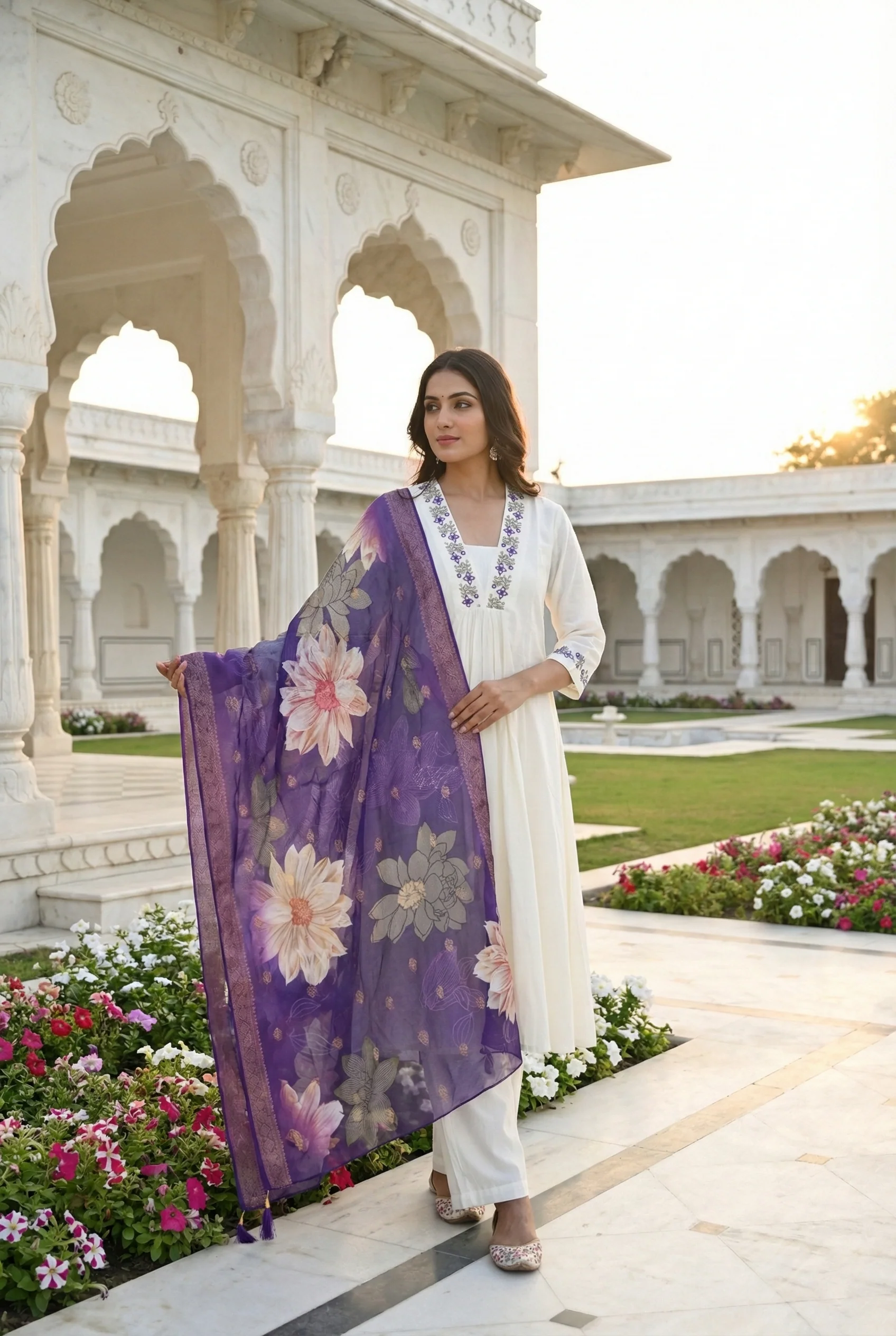 Purple Chanderi Hand Embroidery Three Piece Set - Image 5