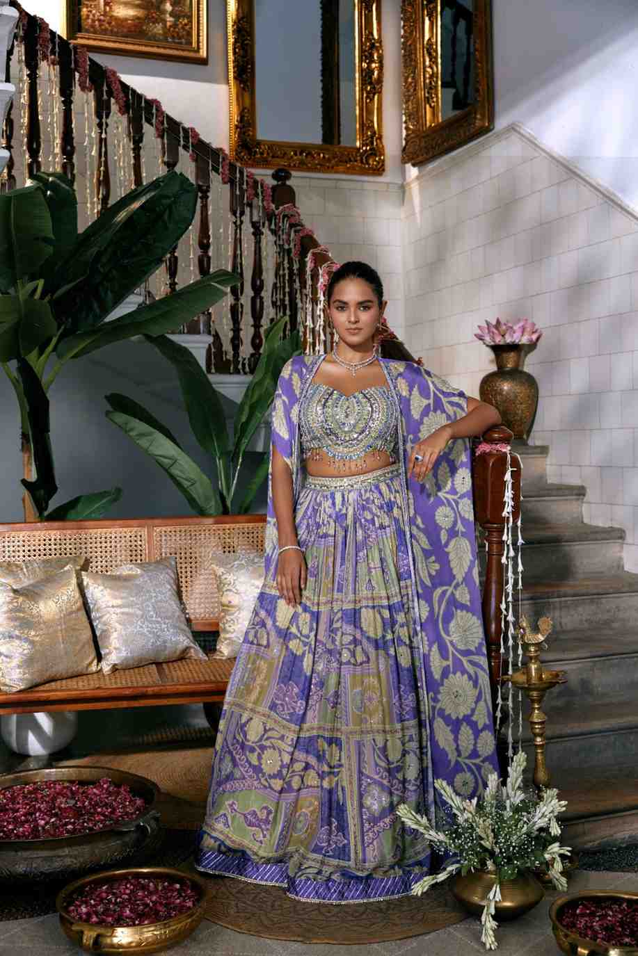 Purple Chinnon Hand Embriodery Jacket Ghagra Set