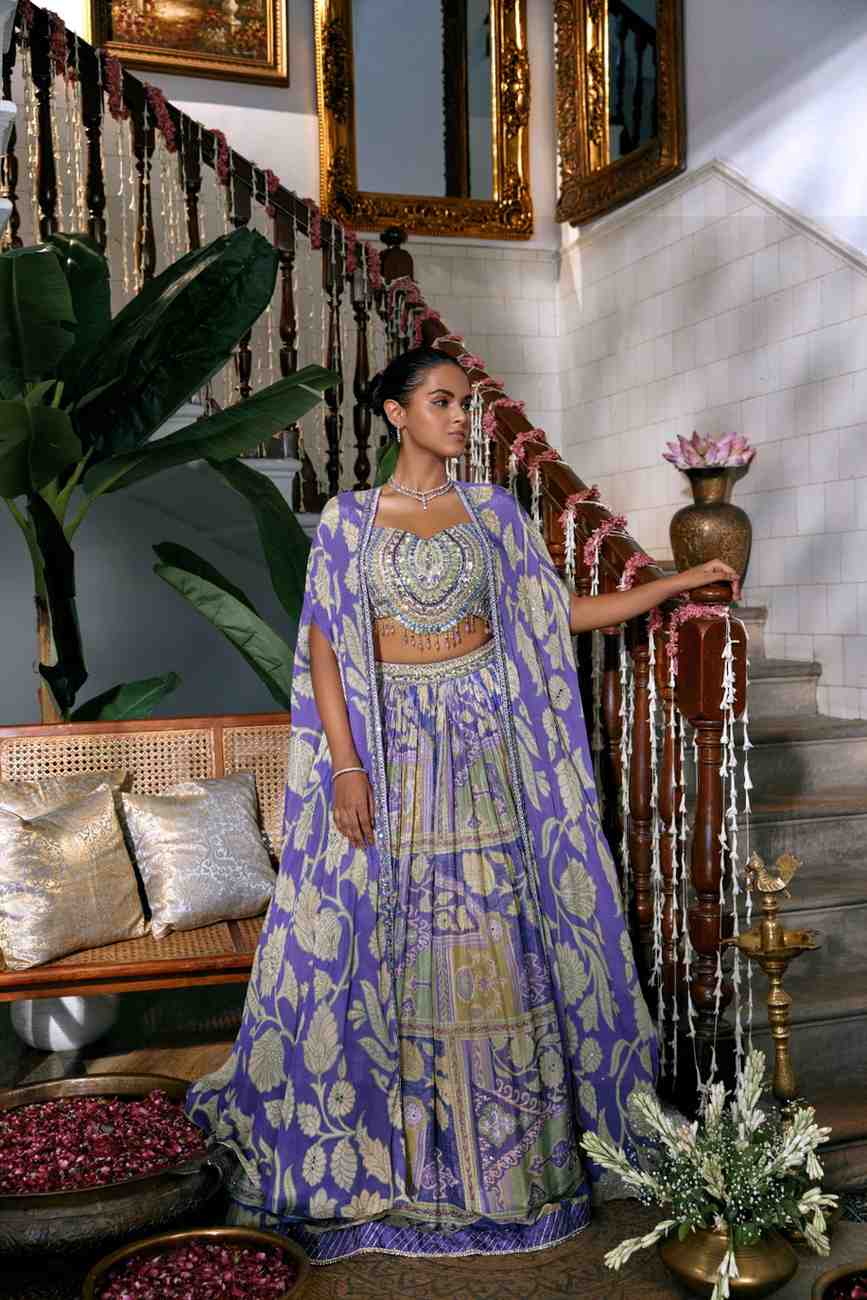 Purple Chinnon Hand Embriodery Jacket Ghagra Set - Image 2