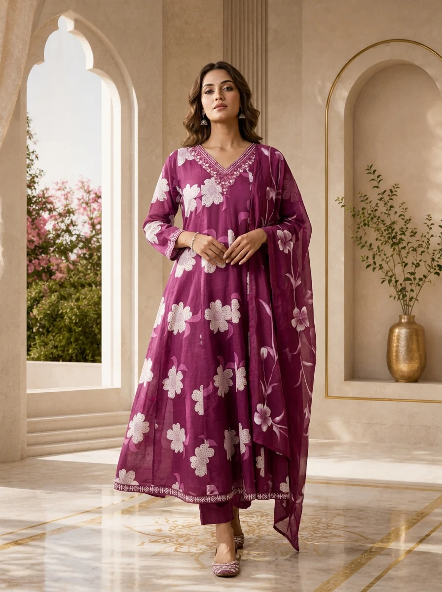 Purple Cotton Floral Printed And Beads Embroidery Three Piece Set - Image 2