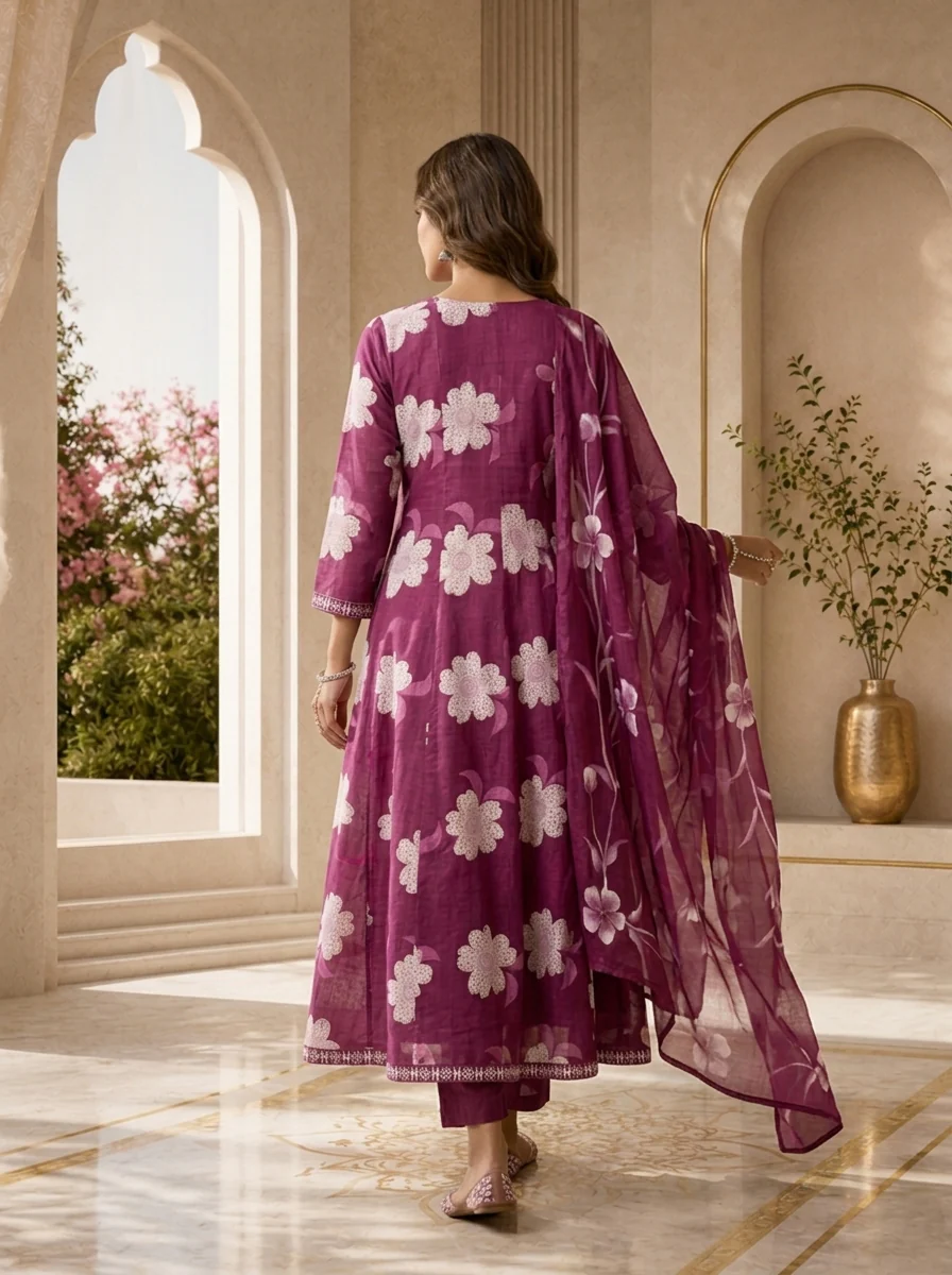Purple Cotton Floral Printed And Beads Embroidery Three Piece Set - Image 3