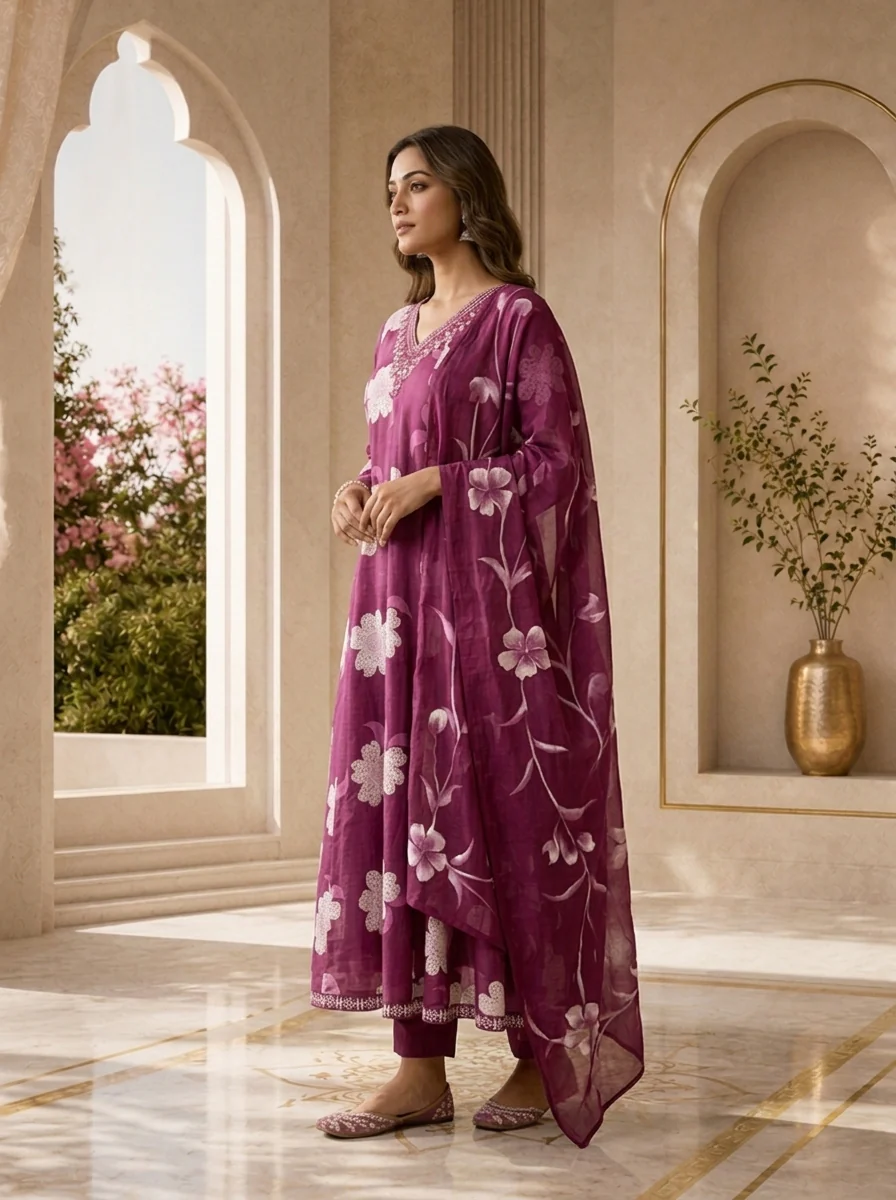 Purple Cotton Floral Printed And Beads Embroidery Three Piece Set - Image 4