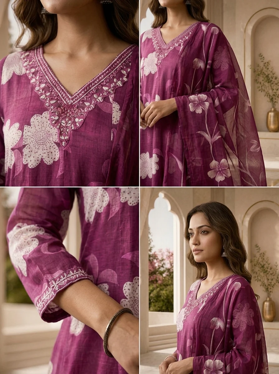 Purple Cotton Floral Printed And Beads Embroidery Three Piece Set - Image 5
