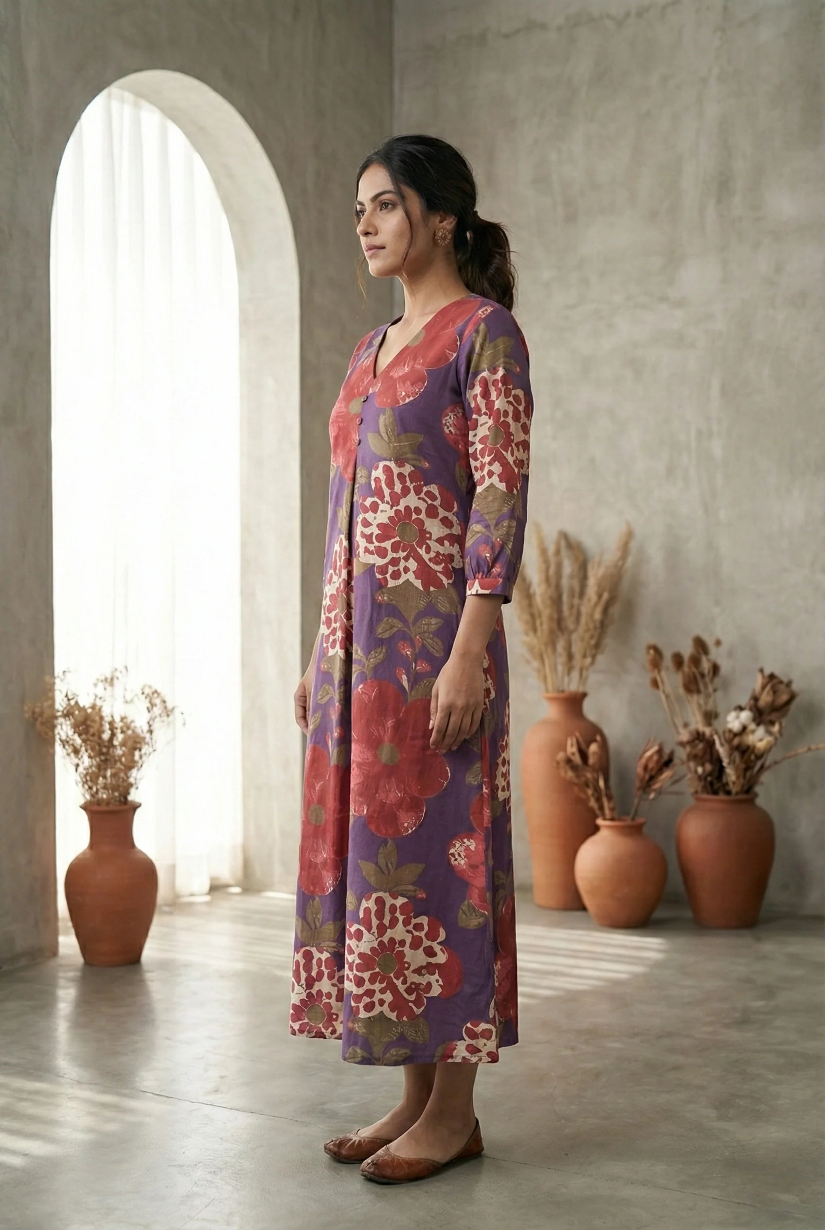 Purple Cotton Floral Printed Dress - Image 2