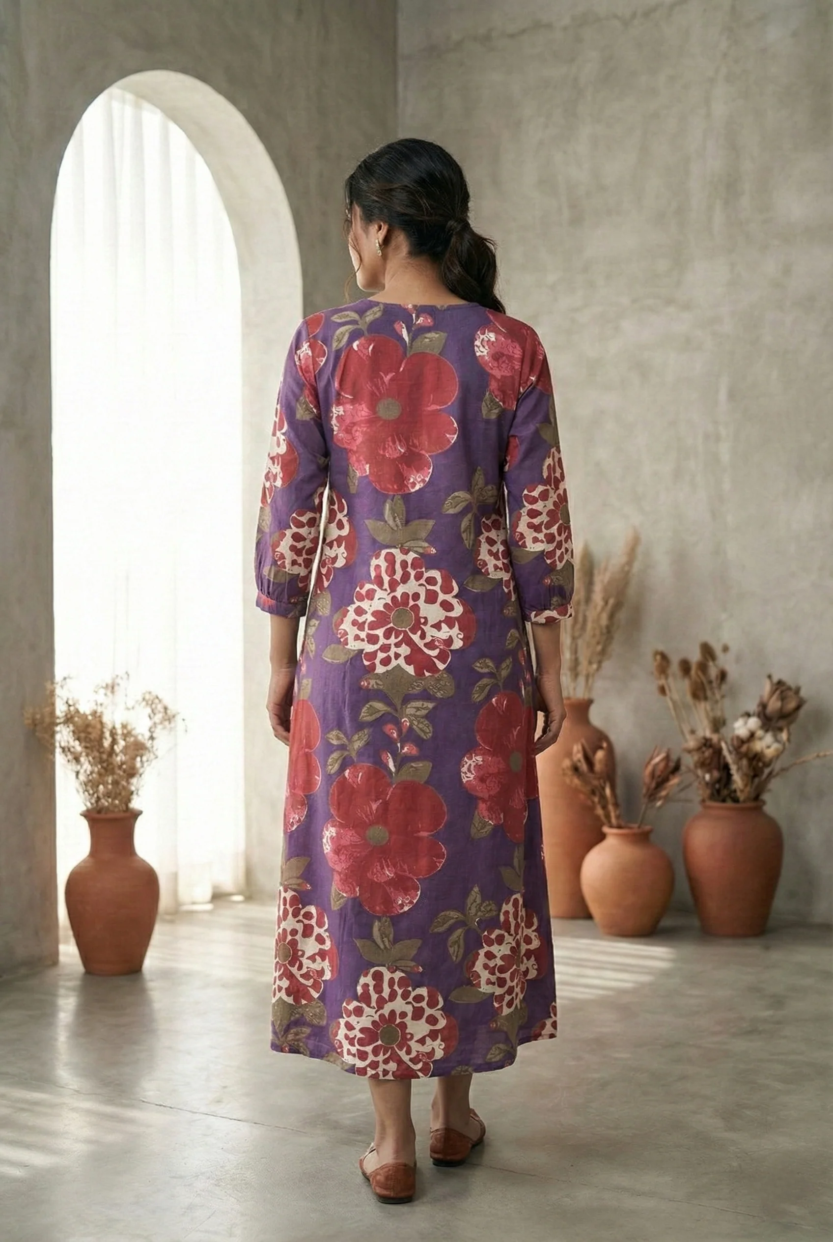 Purple Cotton Floral Printed Dress - Image 3
