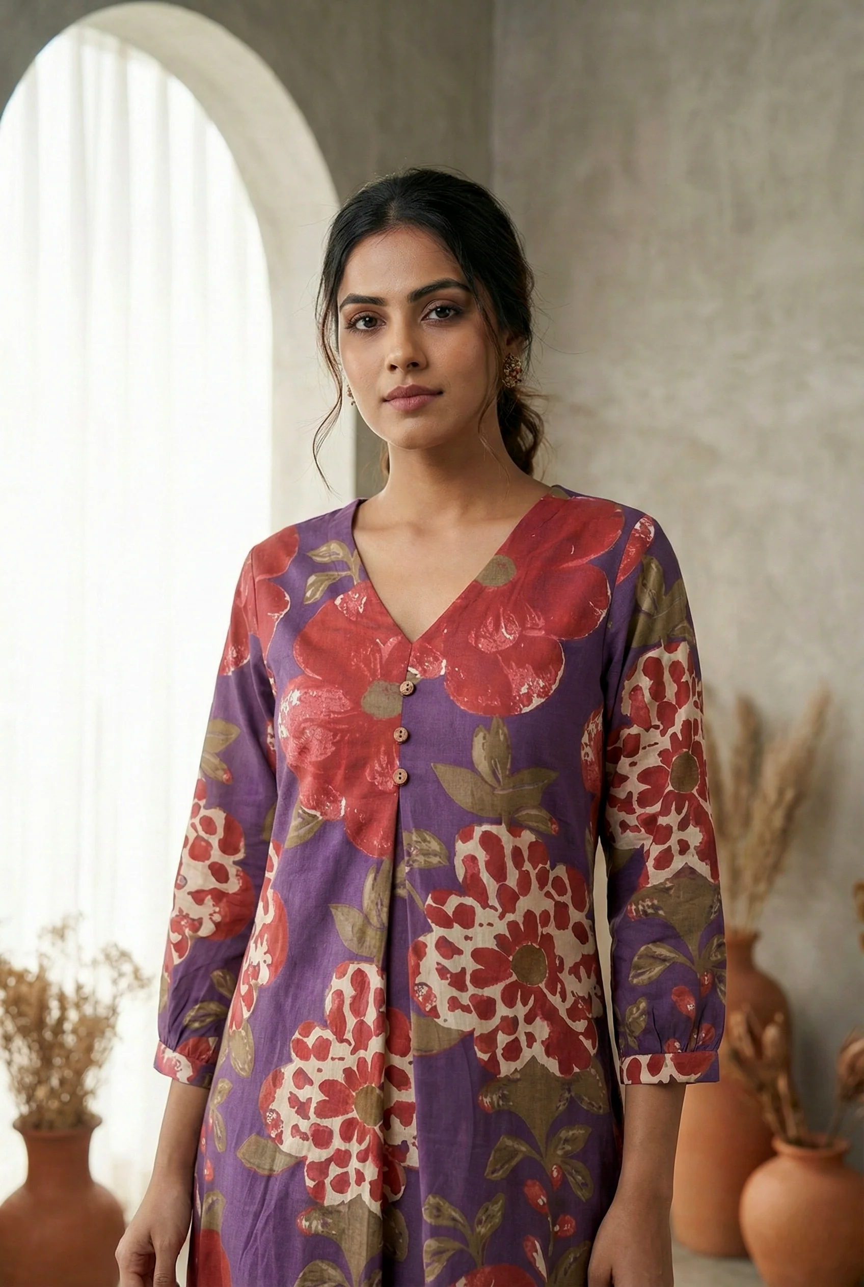 Purple Cotton Floral Printed Dress - Image 5