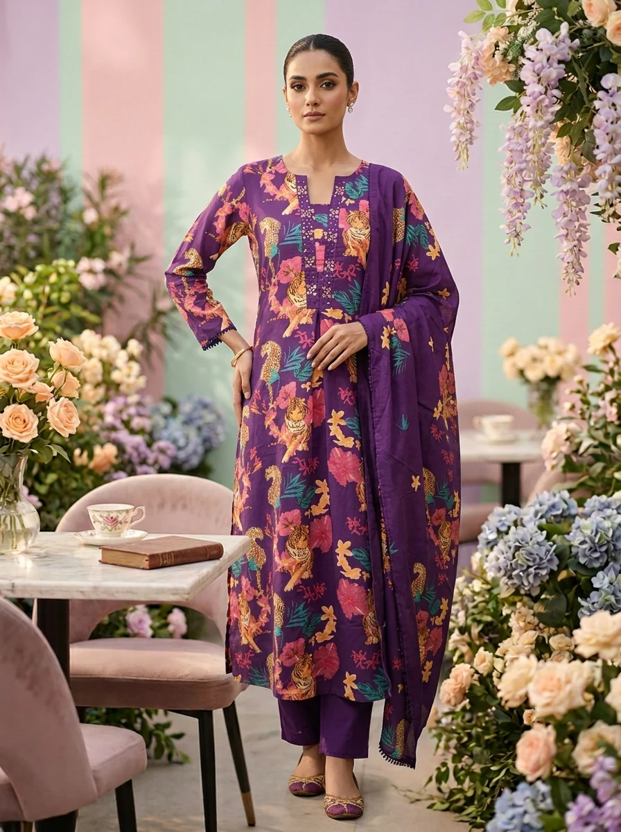 Purple Cotton Floral Printed Three Piece Set