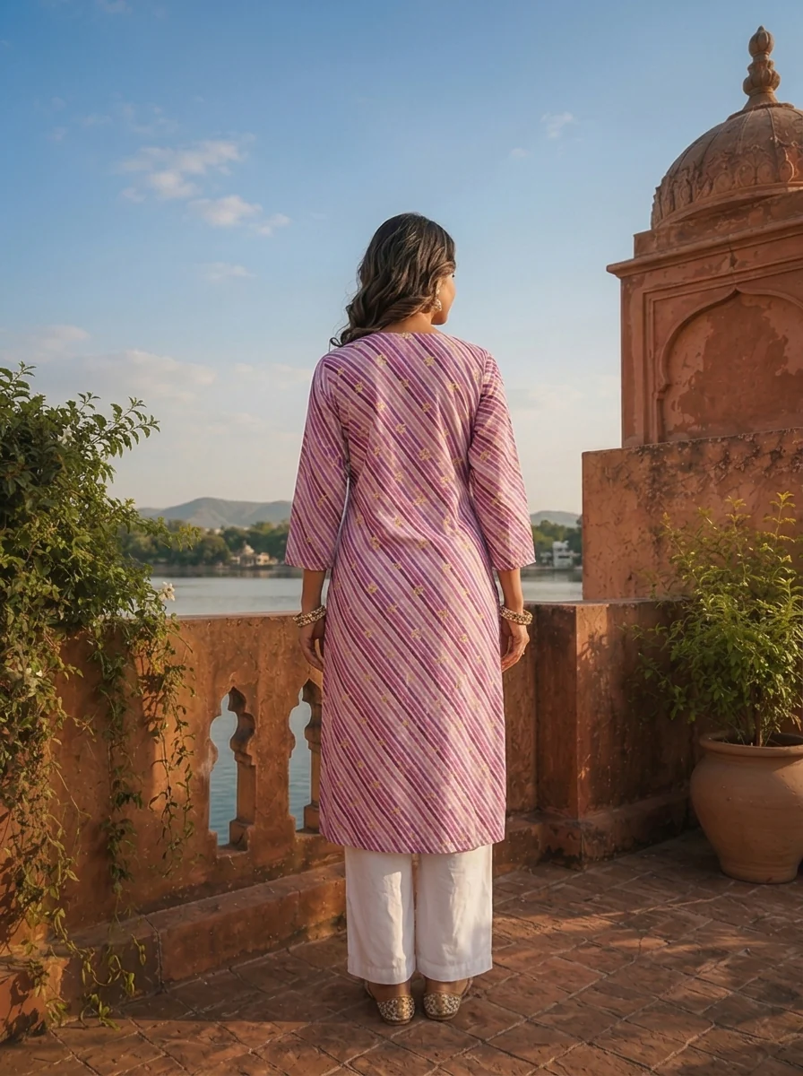 Purple Cotton Leheriya Printed Kurta - Image 2