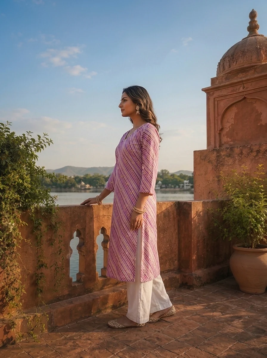Purple Cotton Leheriya Printed Kurta - Image 3