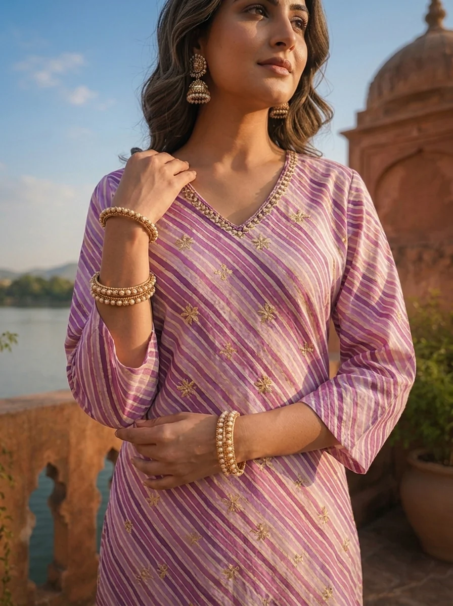 Purple Cotton Leheriya Printed Kurta - Image 4
