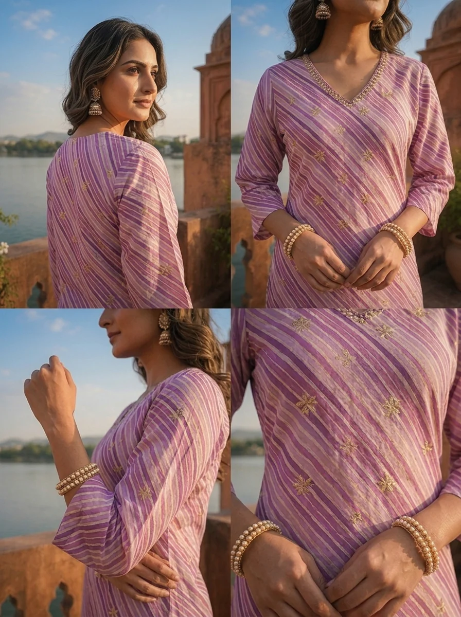 Purple Cotton Leheriya Printed Kurta - Image 5