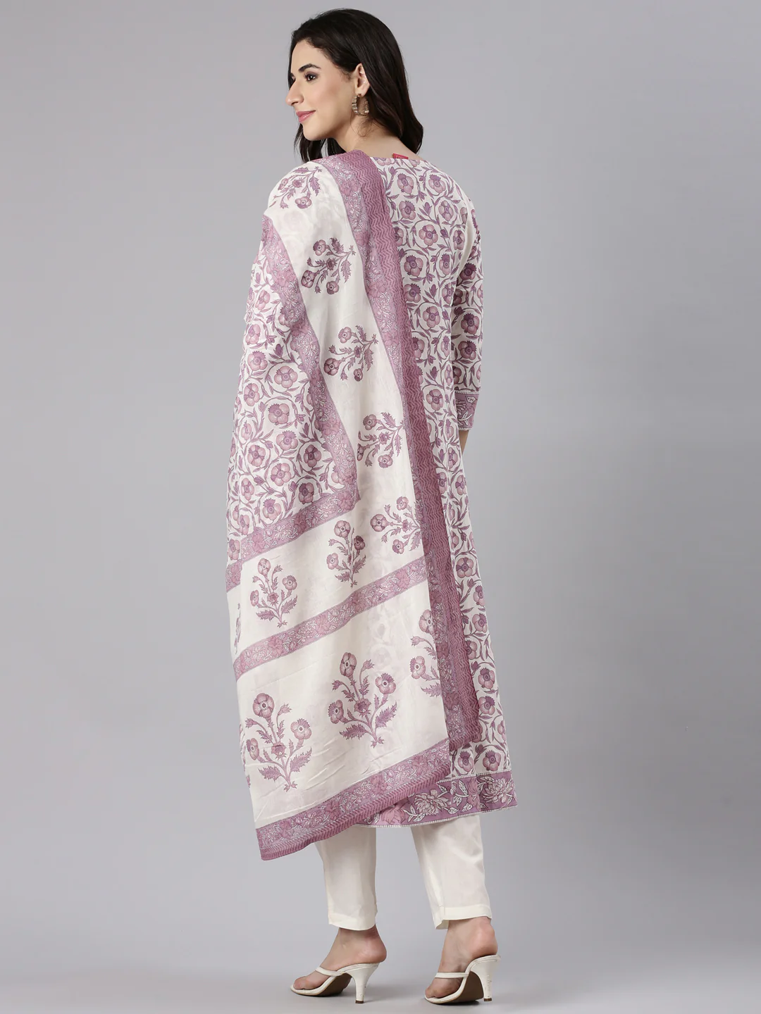 Purple Cotton Printed Anarkali Three Piece Set - Image 3
