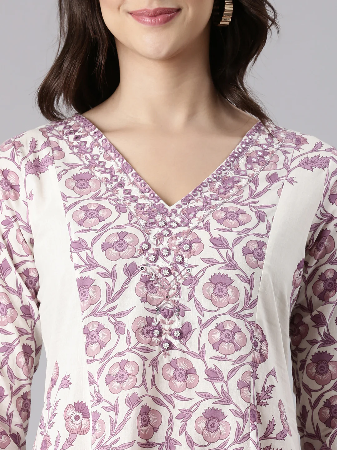 Purple Cotton Printed Anarkali Three Piece Set - Image 4