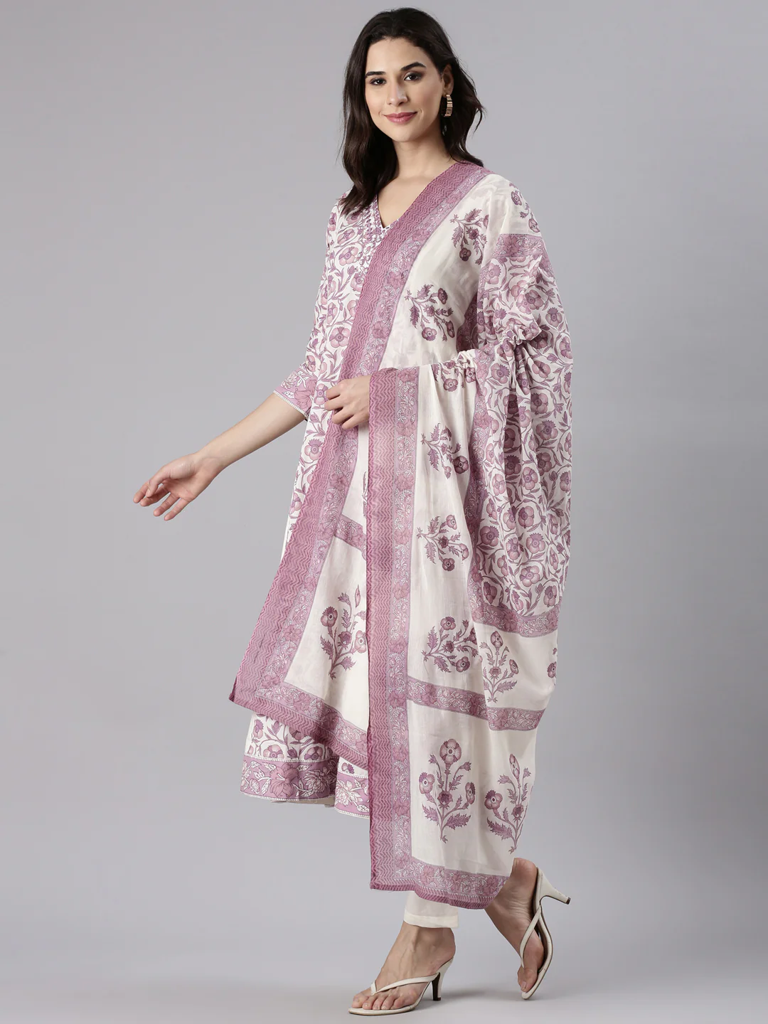 Purple Cotton Printed Anarkali Three Piece Set - Image 5